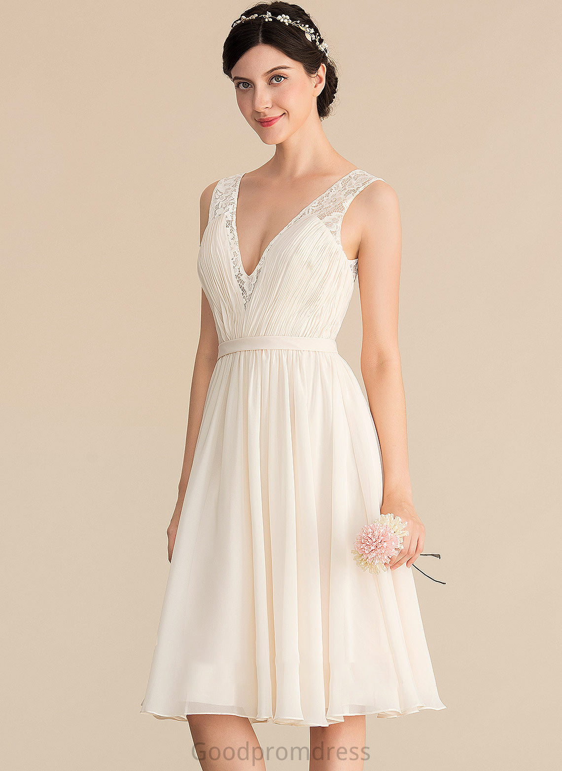 Hailee Wedding Dresses Chiffon A-Line Ruffle Dress Knee-Length V-neck Lace Wedding With