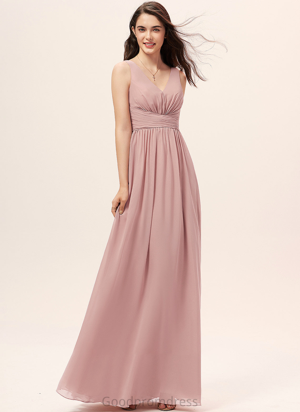 A-Line Ruffle Length Neckline Embellishment Fabric Floor-Length V-neck Silhouette Annabella A-Line/Princess Natural Waist Bridesmaid Dresses