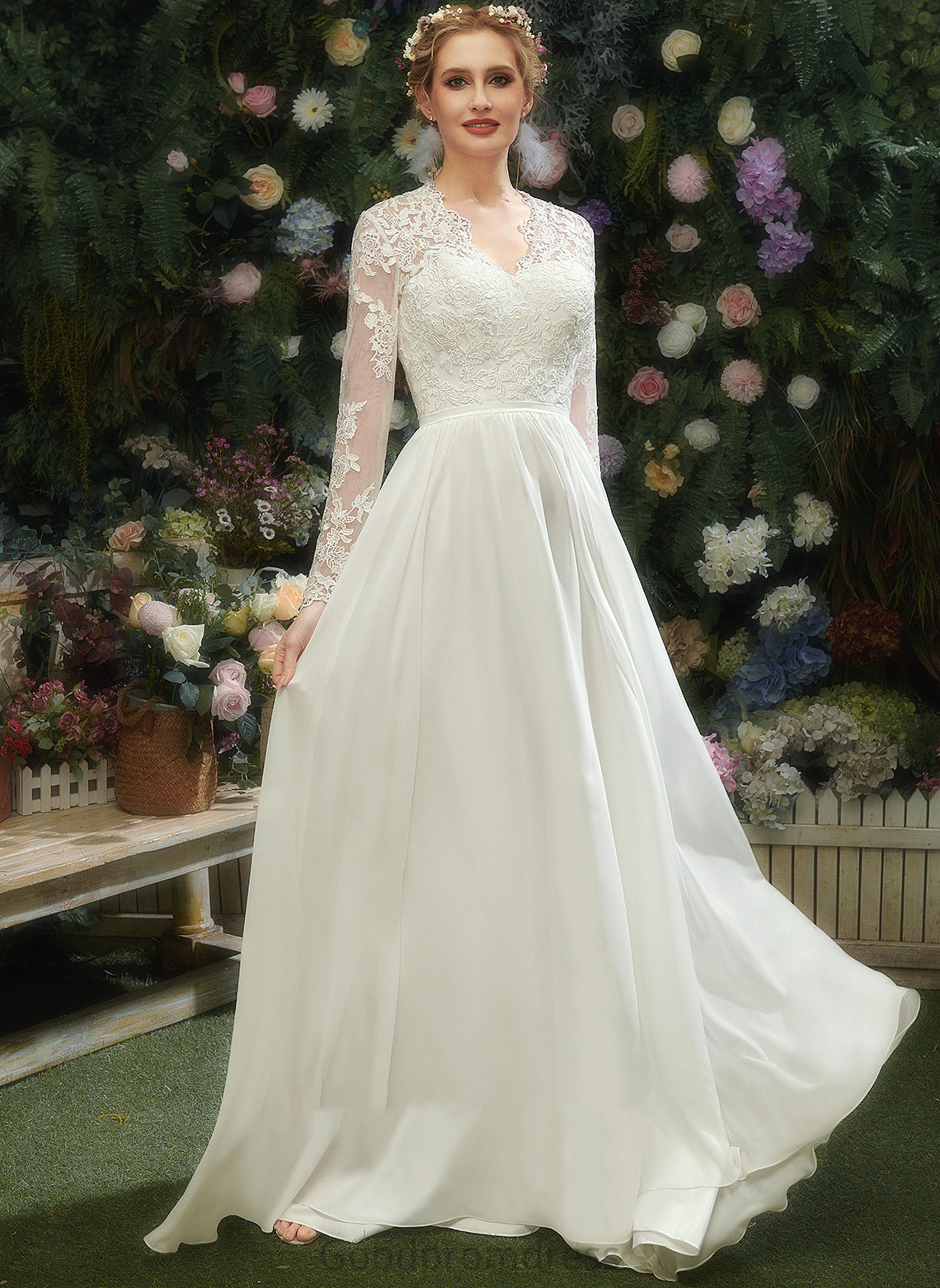 A-Line V-neck Lace Erin Wedding Floor-Length With Wedding Dresses Dress