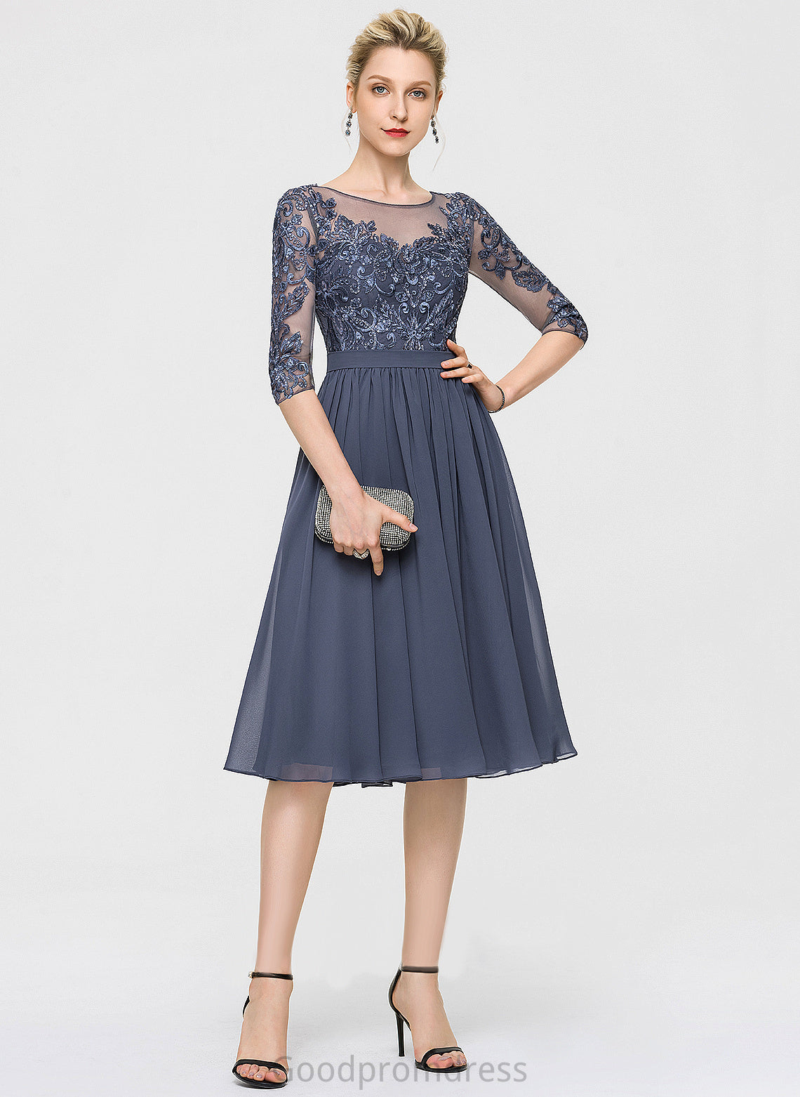 Cocktail Dresses Neck Cocktail Scoop A-Line With Knee-Length Sequins Dress Chiffon Lace Mylee