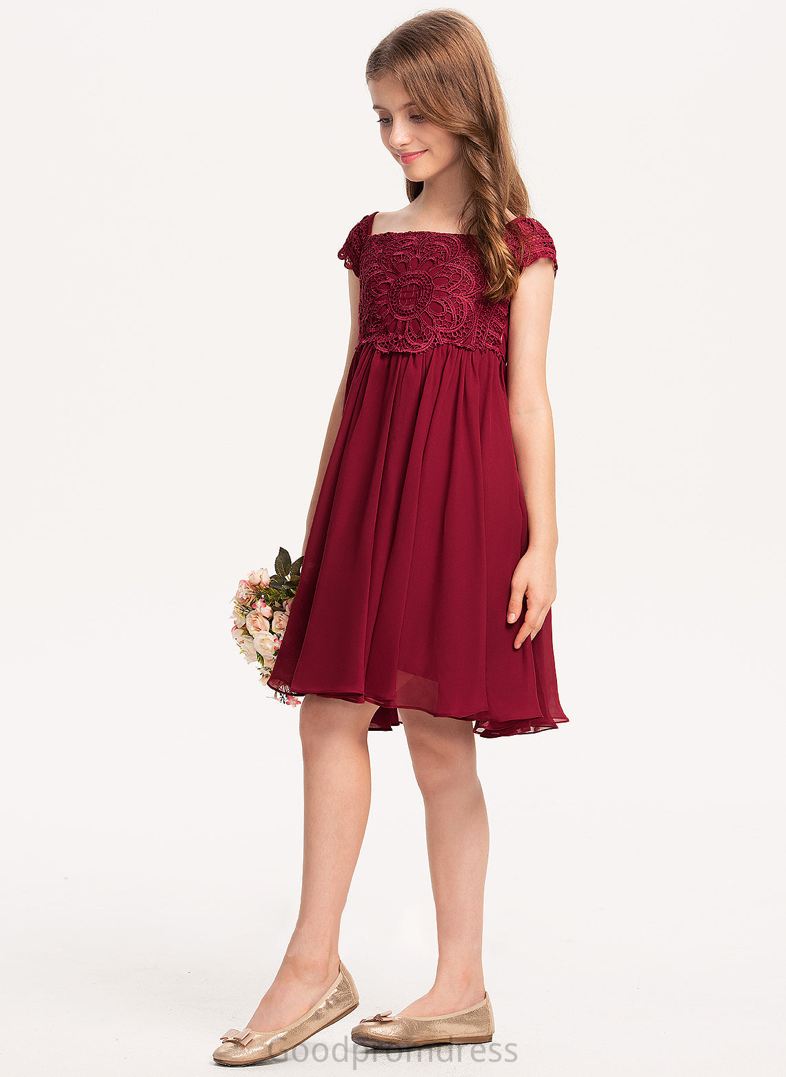 Lace A-Line Bow(s) Julie Junior Bridesmaid Dresses With Knee-Length Chiffon Off-the-Shoulder