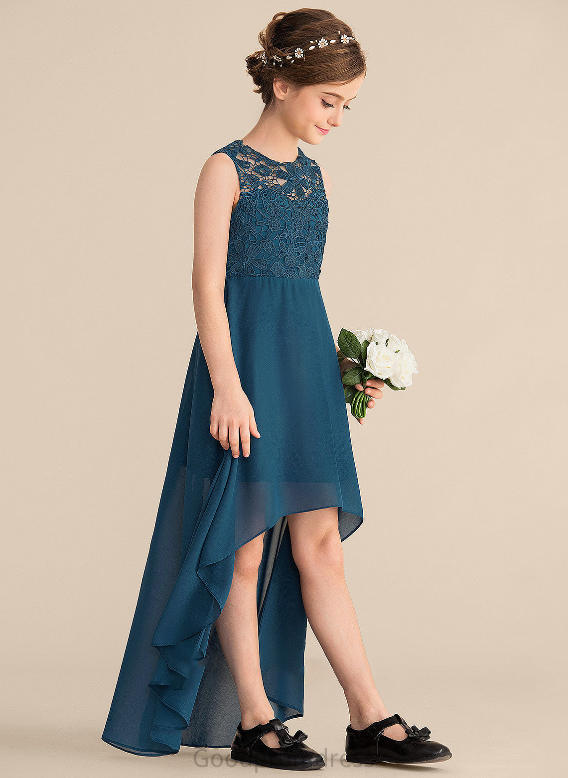 Junior Bridesmaid Dresses Scoop Lace Neck Asymmetrical Nicky A-Line Chiffon