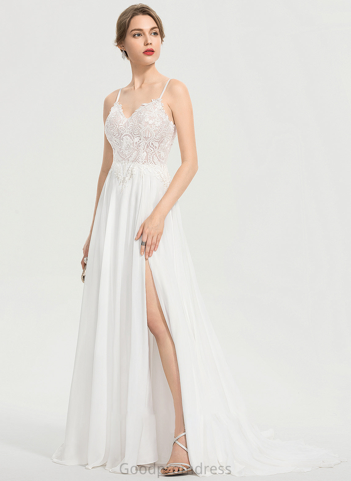 Wedding Dresses Split Wedding Sweep Chiffon With Train Dress V-neck Kiana A-Line Front