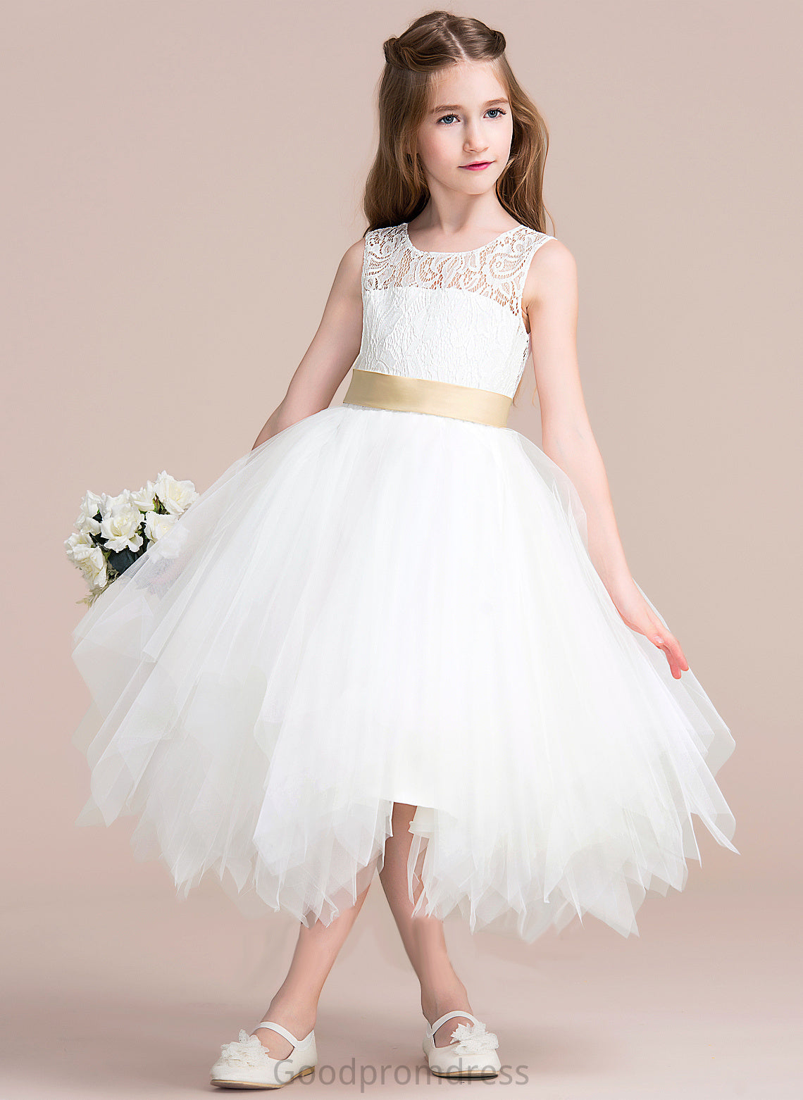 Dress Myla Tulle/Lace (Detachable Tea-length - Hole Neck Flower Girl Dresses Scoop Flower A-Line Sleeveless Sash/Back Girl With sash)