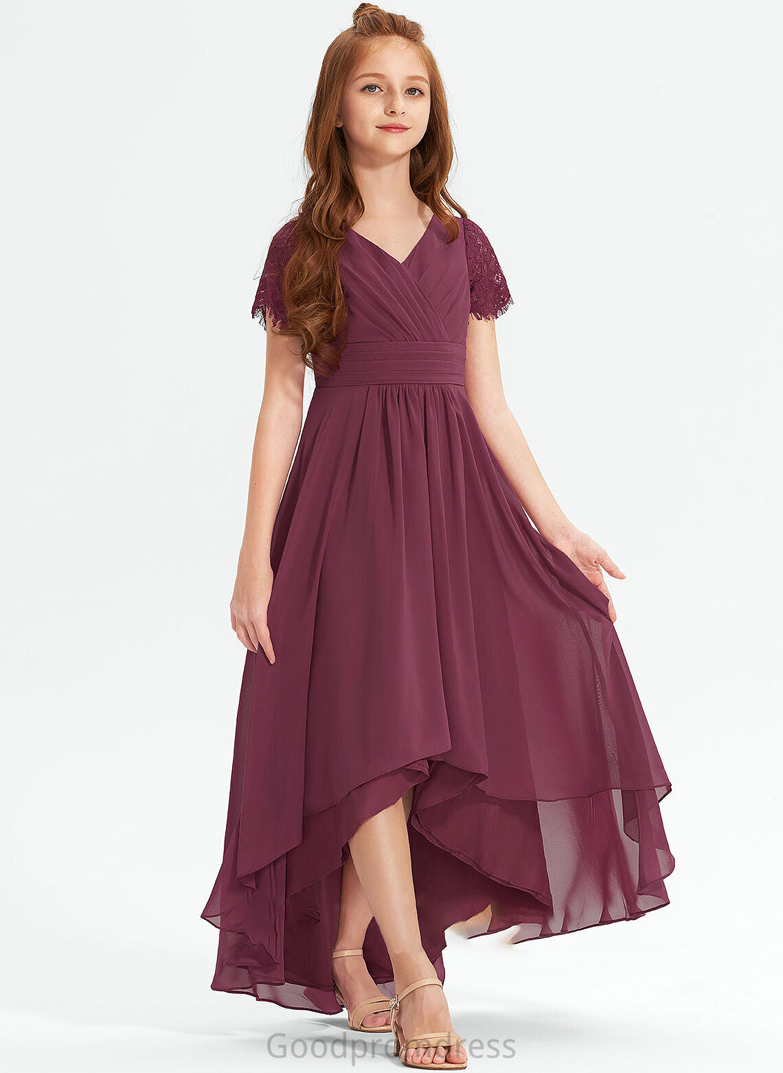 Asymmetrical Junior Bridesmaid Dresses Chiffon A-Line Ruffle Izabella With Lace V-neck