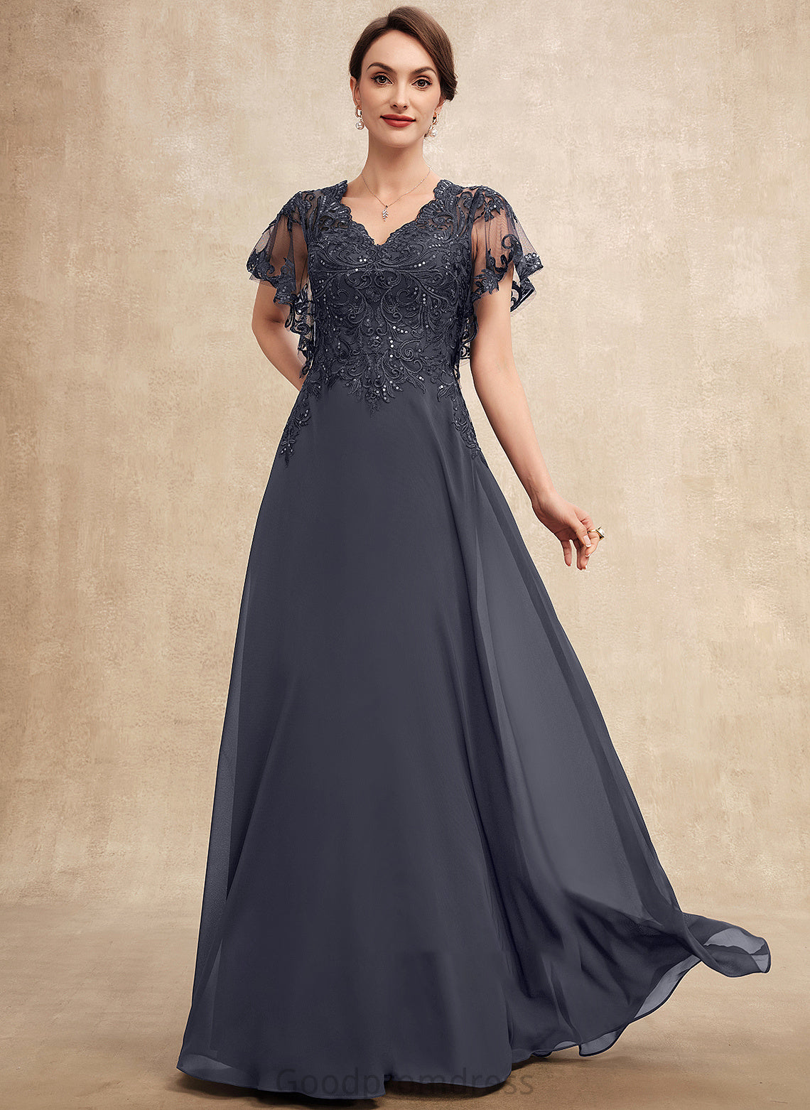 the A-Line Bride With Mother Ayla Mother of the Bride Dresses Dress Chiffon Floor-Length Sequins of V-neck Lace