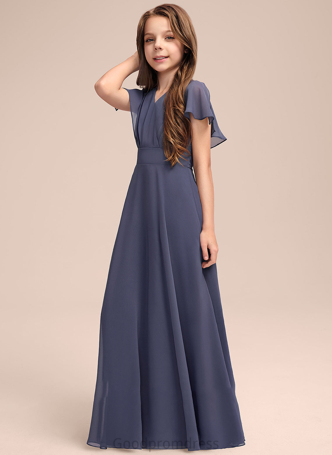 Floor-Length Abigail V-neck Chiffon A-Line Bow(s) Ruffle With Junior Bridesmaid Dresses