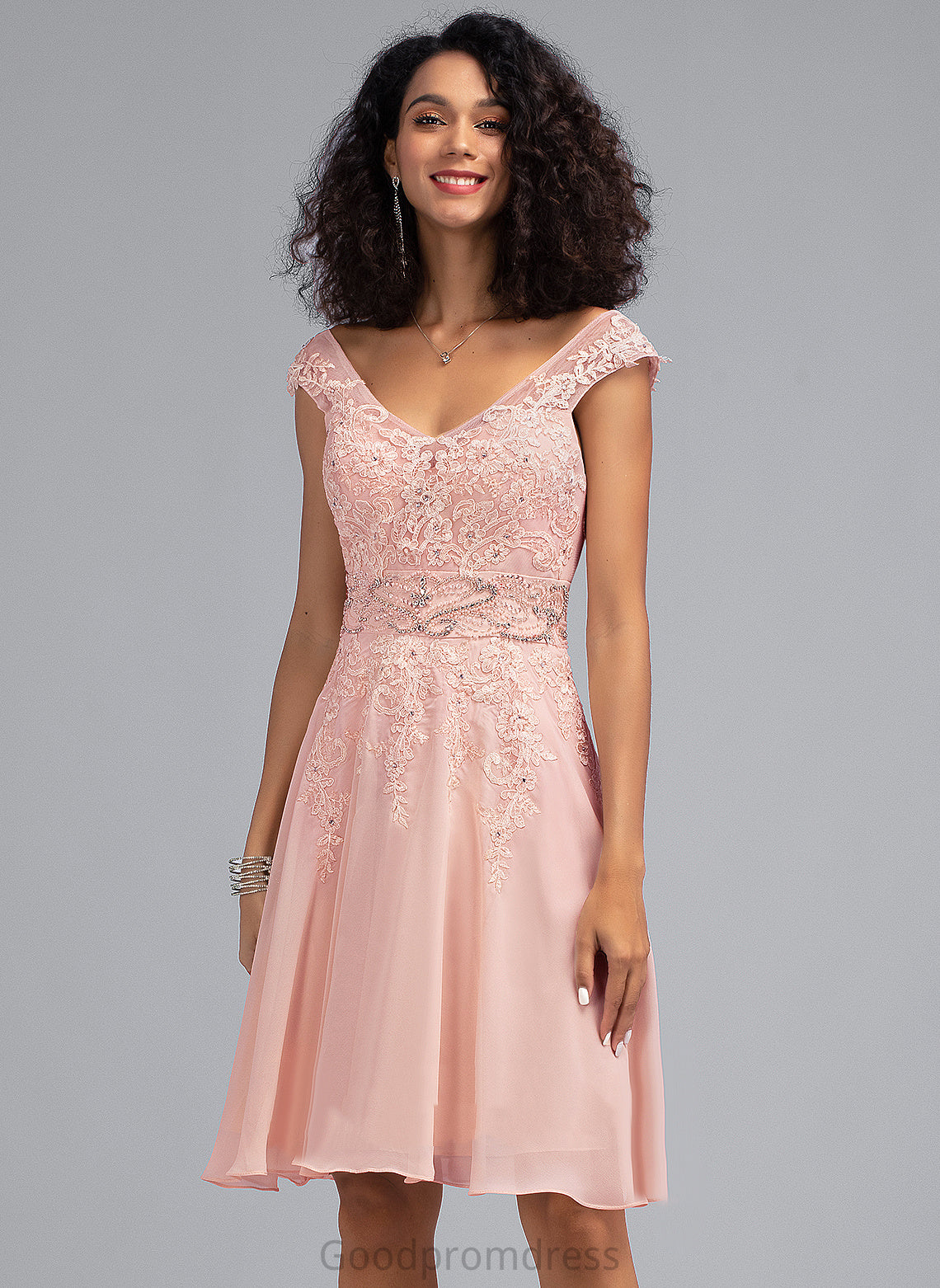 With Homecoming Dress V-neck Lace Knee-Length Chiffon Jaslyn A-Line Homecoming Dresses Beading