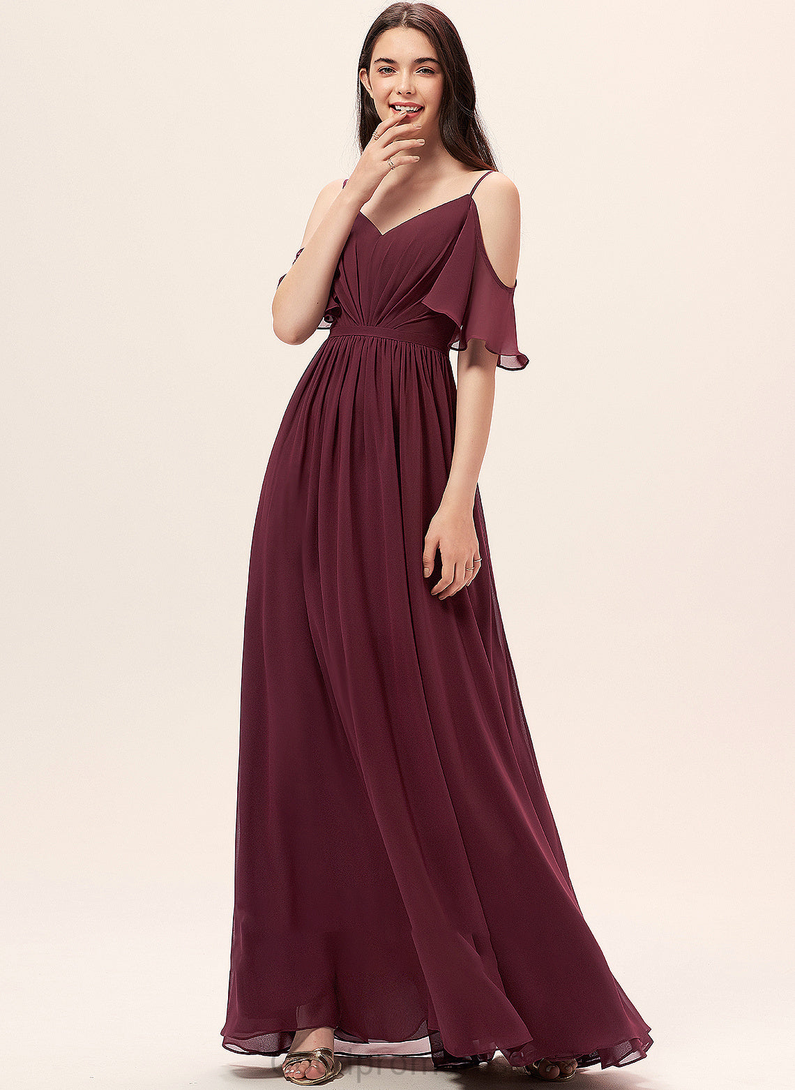 Silhouette Fabric V-neck A-Line Ruffle Embellishment Floor-Length Length Neckline Karsyn A-Line/Princess V-Neck Bridesmaid Dresses