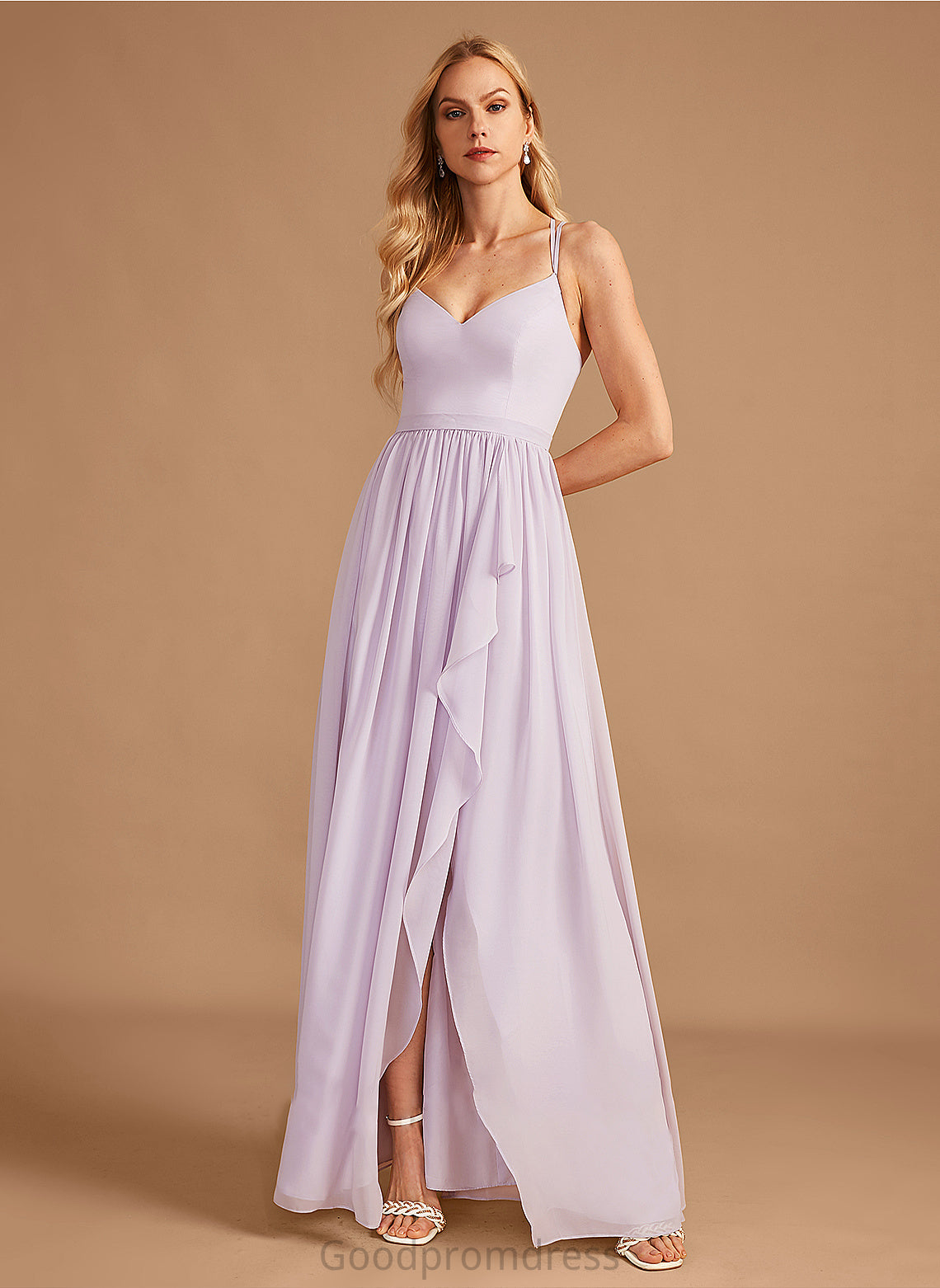 Neckline A-Line Ruffle V-neck SplitFront Embellishment Fabric Silhouette Asymmetrical Length Kylie V-Neck Bridesmaid Dresses