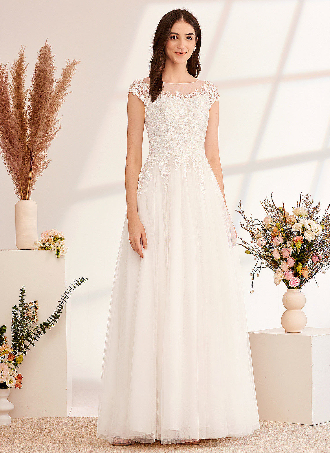 Ball-Gown/Princess Floor-Length Illusion Lace With Dress Wedding Dresses Wedding Emmy