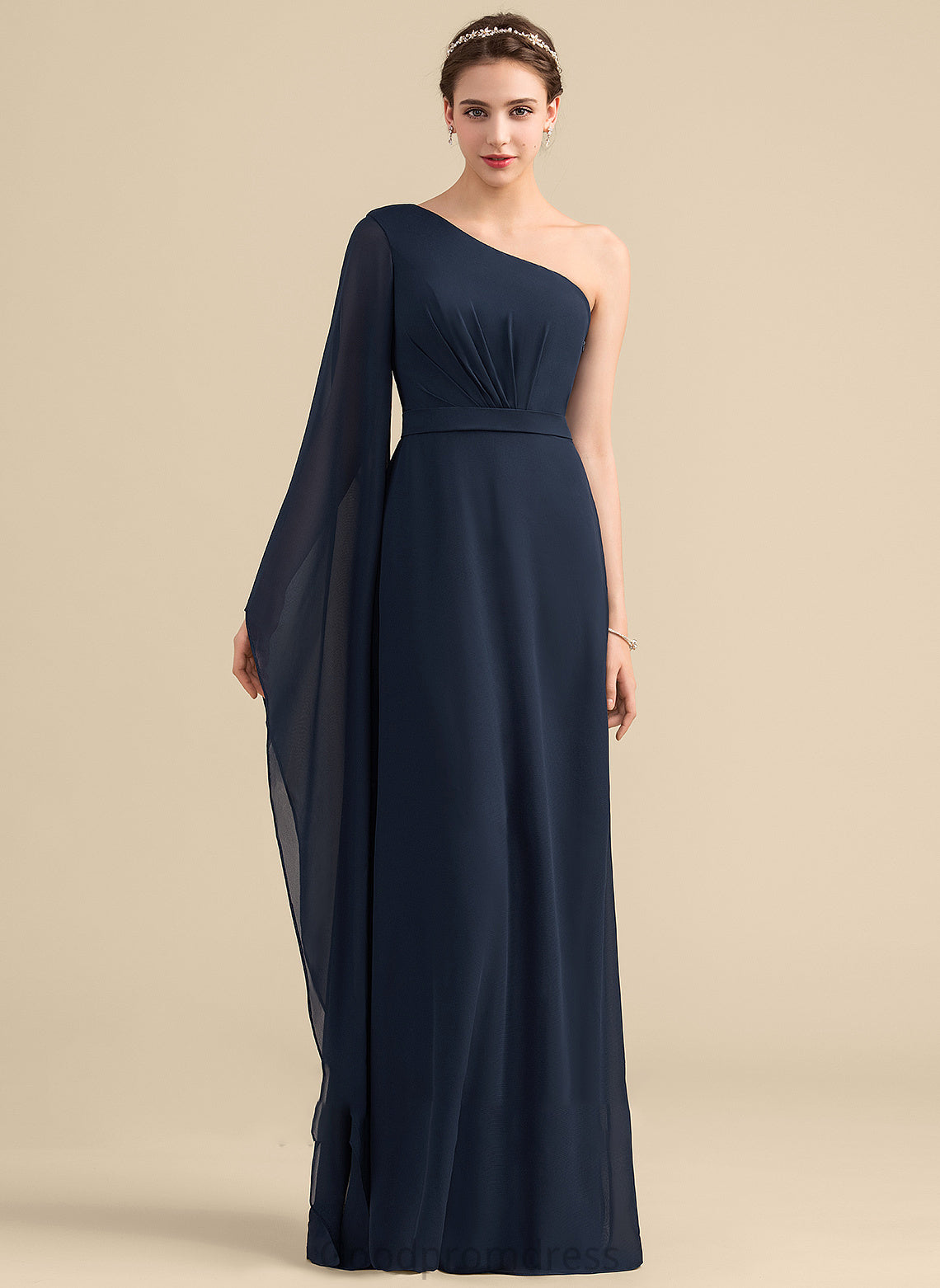 Length A-Line Fabric Embellishment Neckline Ruffle One-Shoulder Floor-Length Silhouette Skyler Sleeveless Empire Waist Bridesmaid Dresses