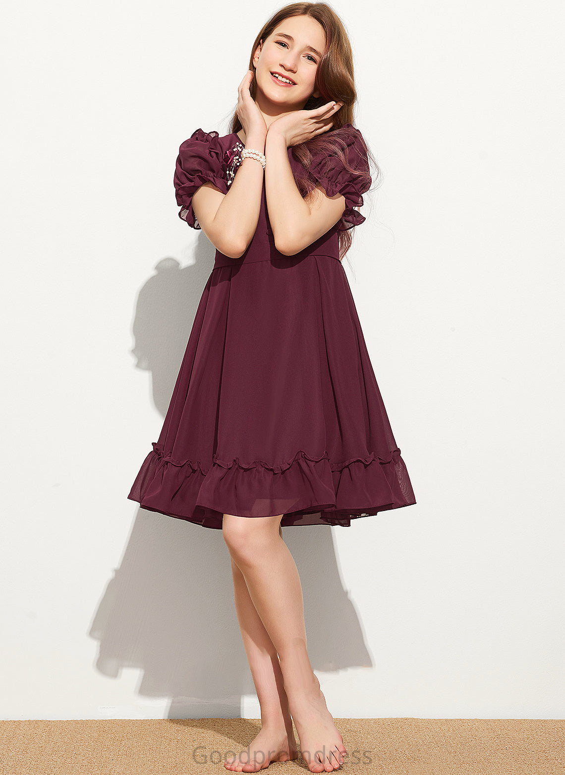 A-Line Ruffles Bow(s) Scoop Athena With Knee-Length Chiffon Junior Bridesmaid Dresses Cascading Neck