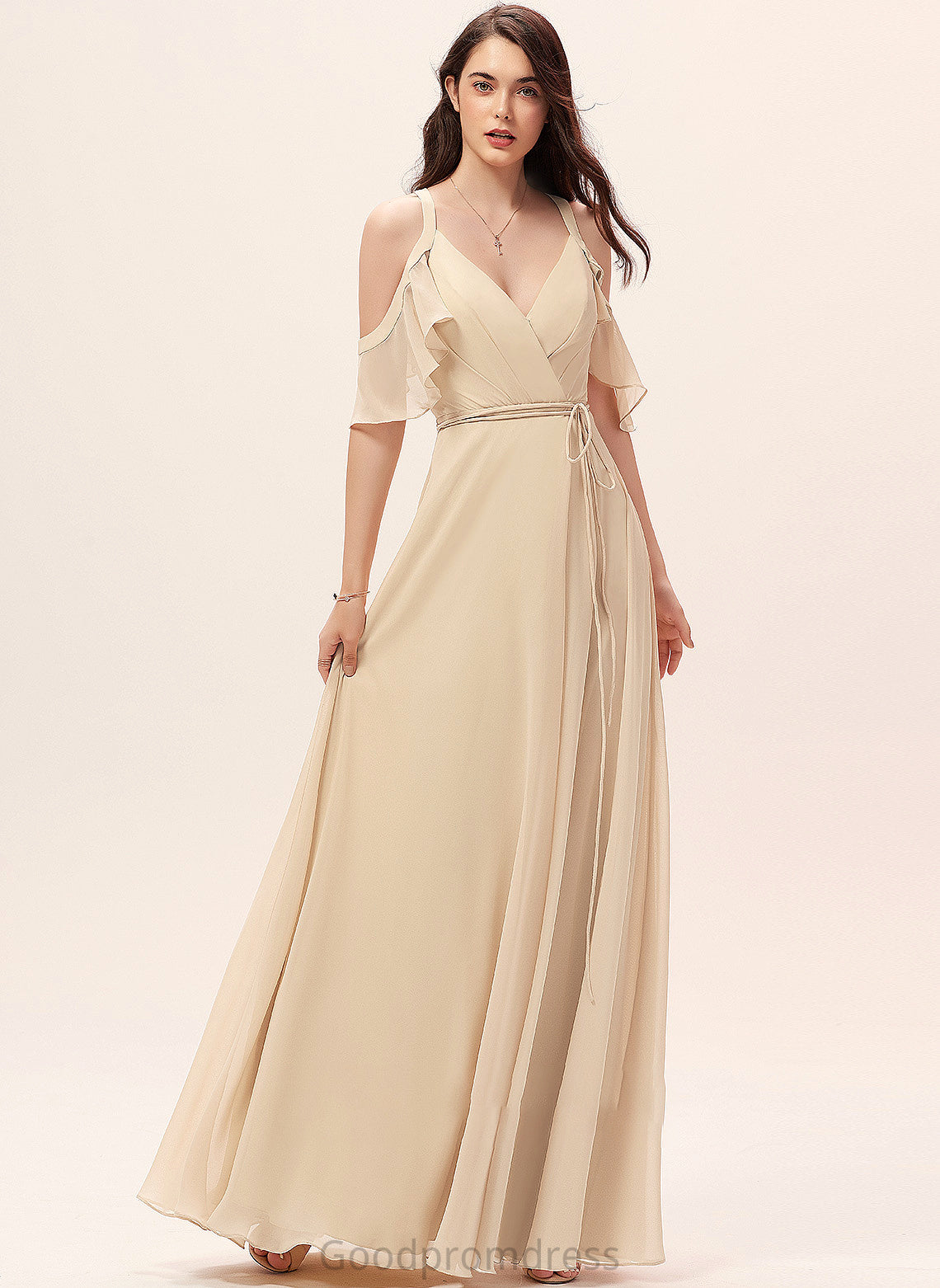 Floor-Length SplitFront V-neck Ruffle Length Fabric A-Line Silhouette Neckline Embellishment Reese Natural Waist Bridesmaid Dresses