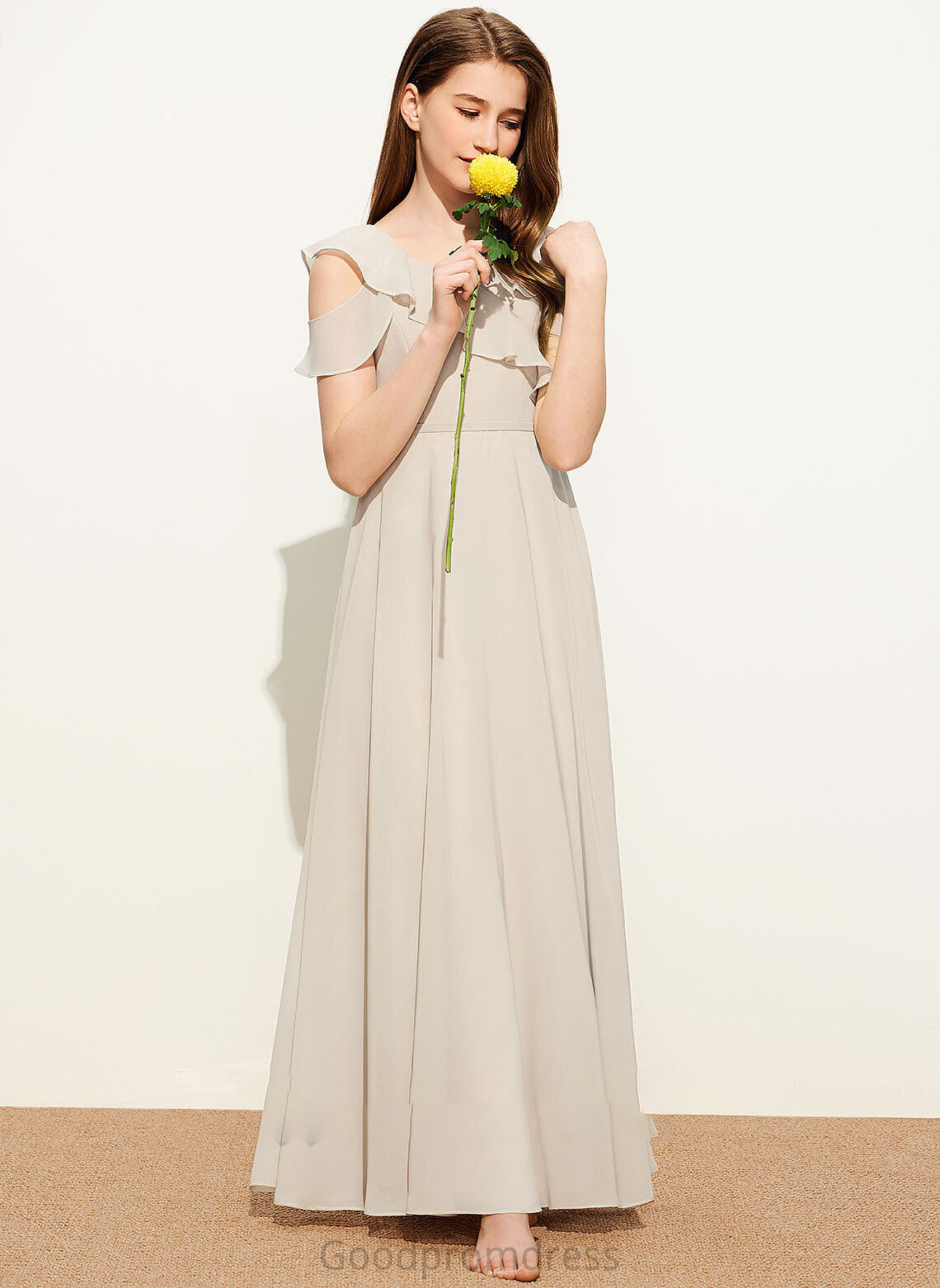 Floor-Length Ruffles A-Line Yazmin Cascading V-neck Junior Bridesmaid Dresses With Chiffon