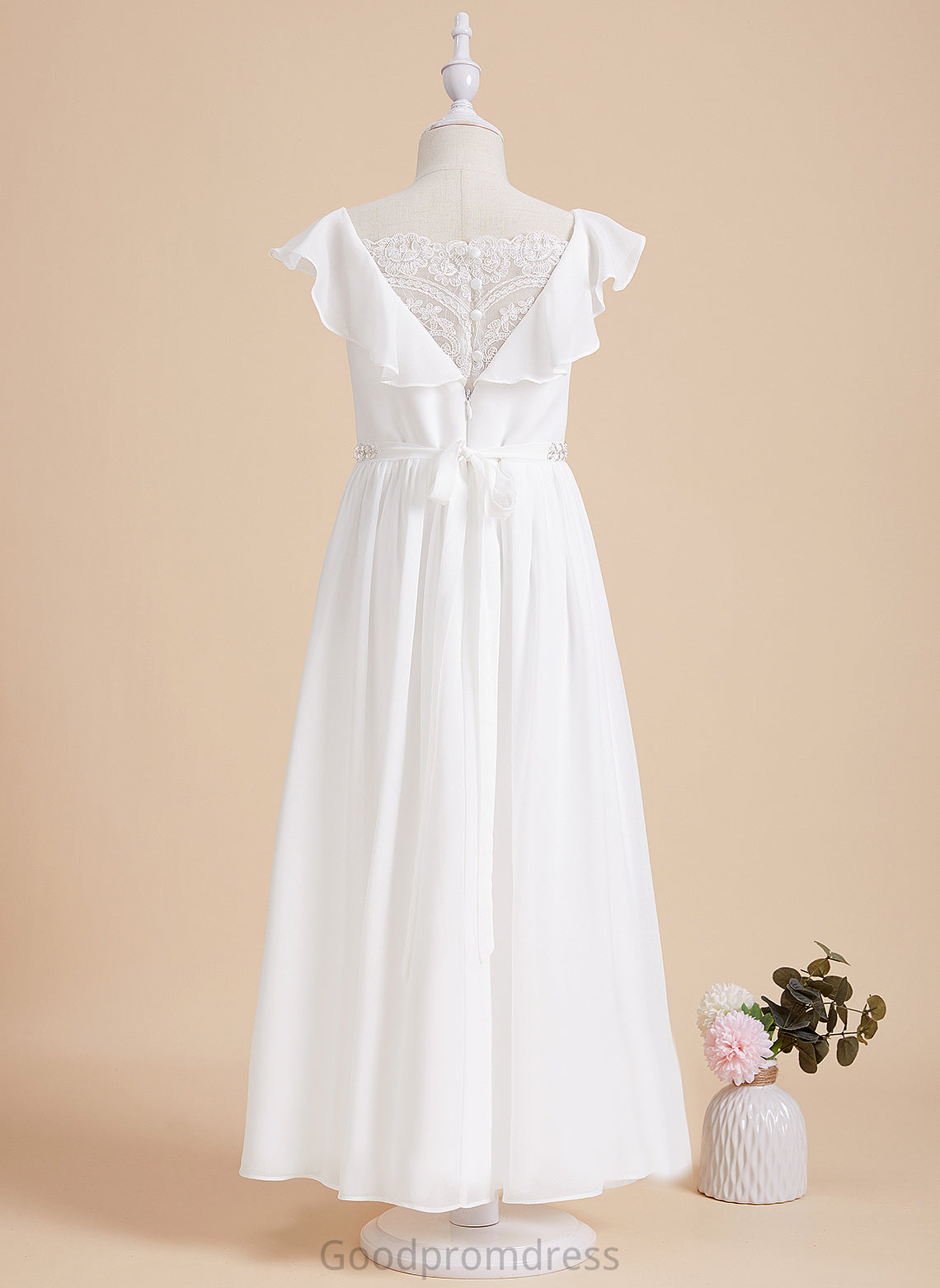 Neck Scoop Beading A-Line Flower Girl Dresses - Girl Ankle-length Flower Ansley Short With Chiffon/Lace Dress Sleeves