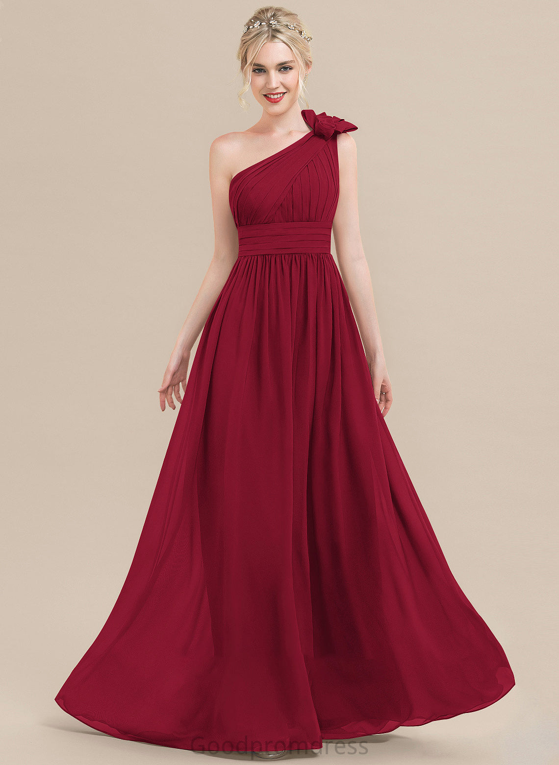 Floor-Length Length Silhouette A-Line One-Shoulder Fabric Neckline Flower(s) Embellishment Ruffle Cynthia Natural Waist Bridesmaid Dresses