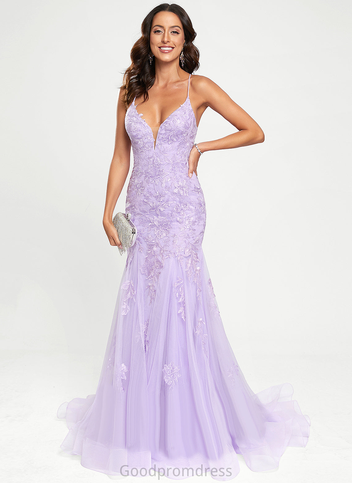 Sequins Sweep Prom Dresses Train Trumpet/Mermaid With Lace V-neck Tulle Nyasia