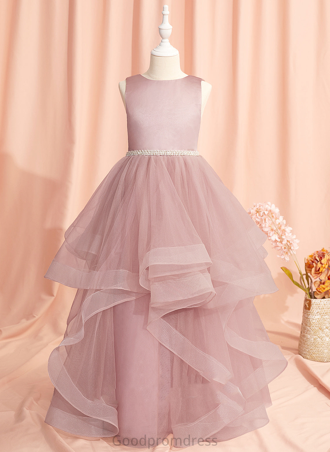 Girl - Sleeveless Ball-Gown/Princess Back Dress Flower Girl Dresses Floor-length Flower Neck Tulle April Scoop With Beading/Bow(s)/V