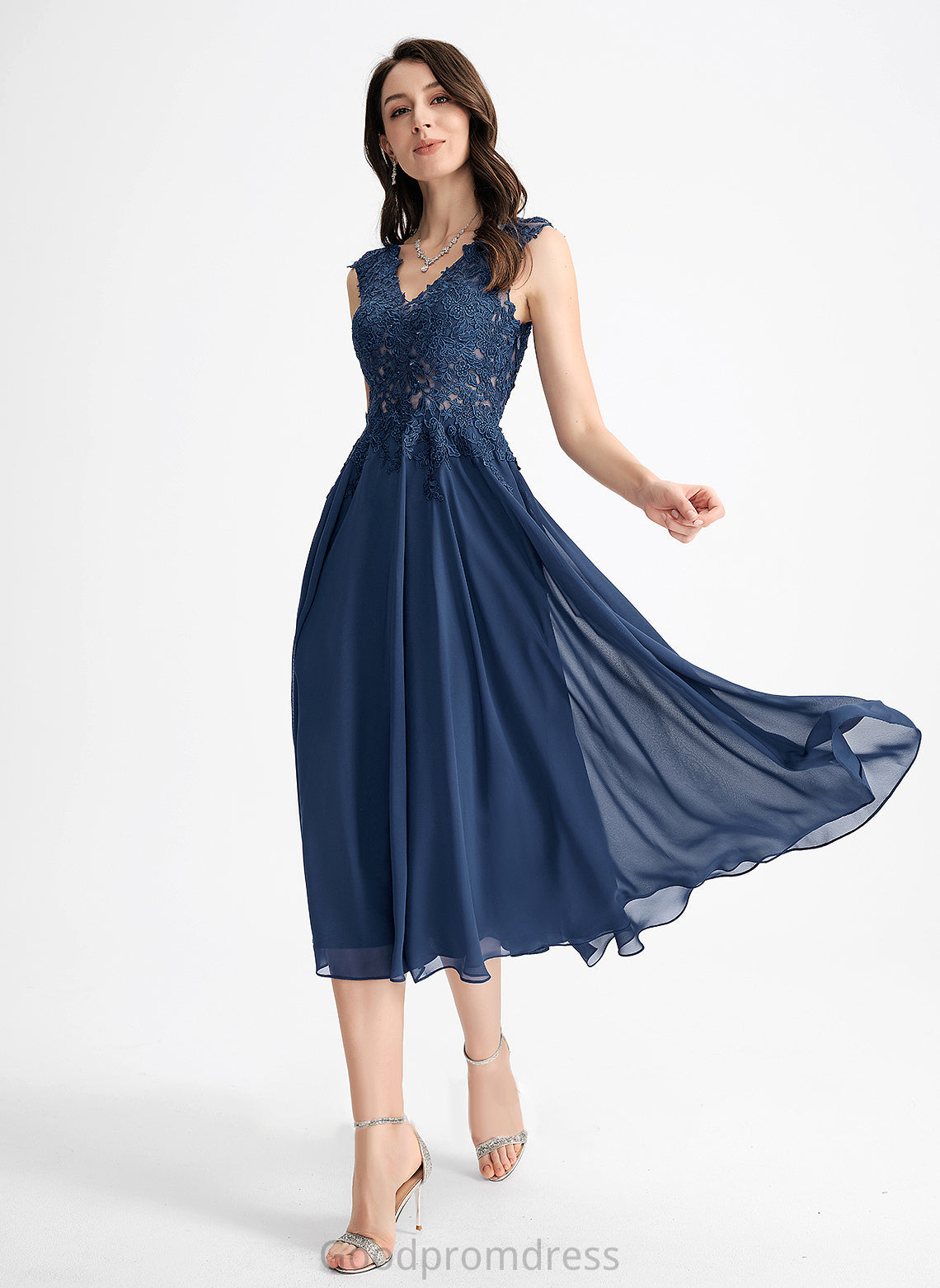 A-Line Cocktail Cocktail Dresses Lace Itzel Chiffon V-neck Tea-Length Dress