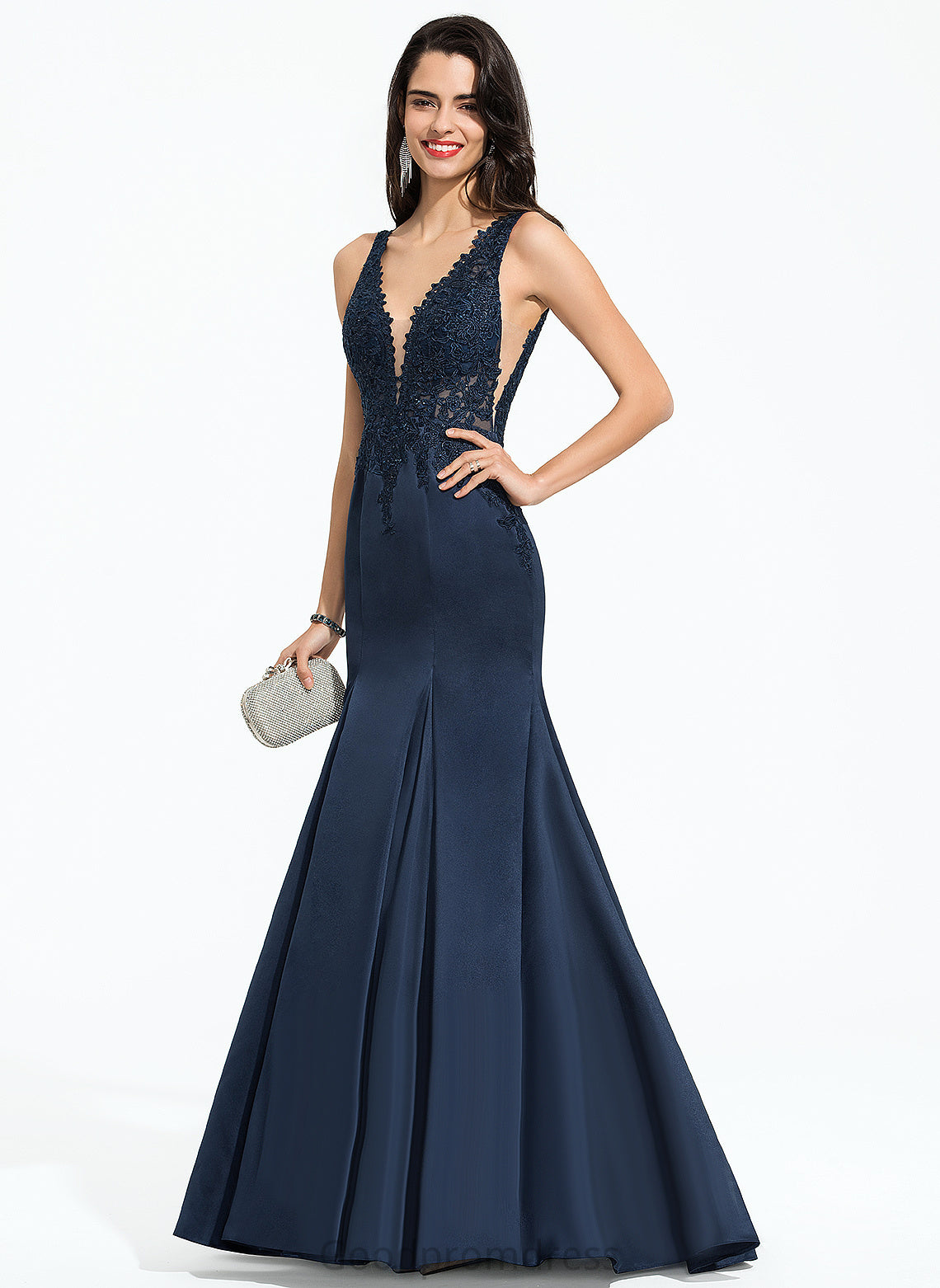 Beading Elliana With Sweep Prom Dresses V-neck Trumpet/Mermaid Lace Satin Train