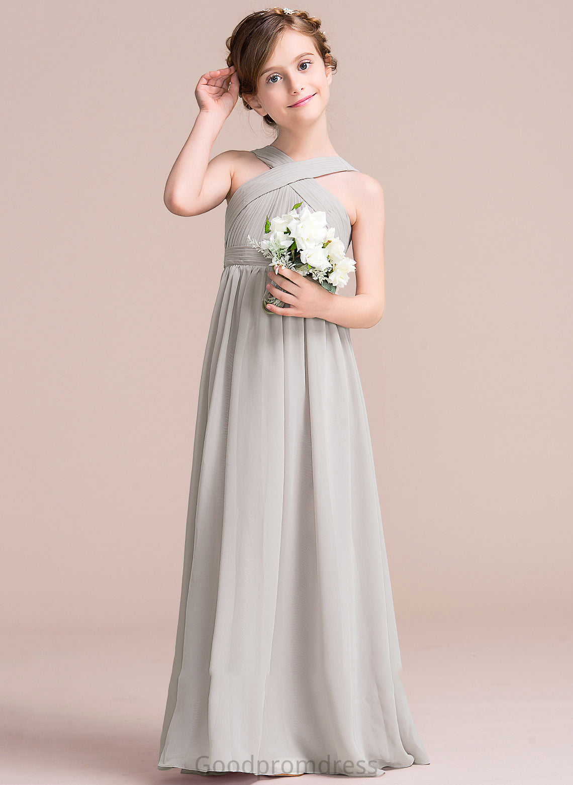 A-Line Bow(s) Floor-Length V-neck Lorelei With Junior Bridesmaid Dresses Chiffon Ruffle