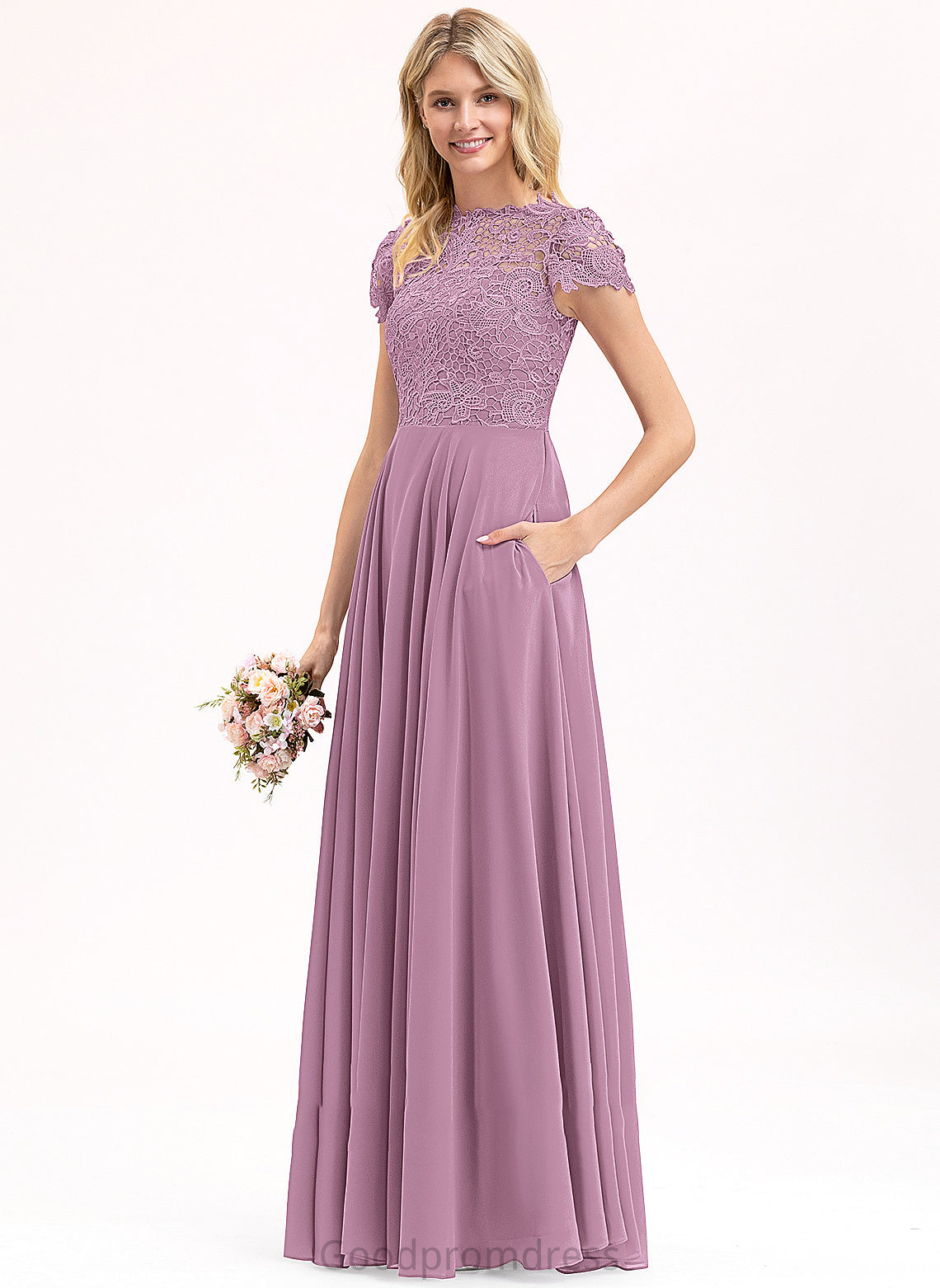 Scoop Floor-Length Pockets With A-Line Neck Liz Chiffon Prom Dresses Lace