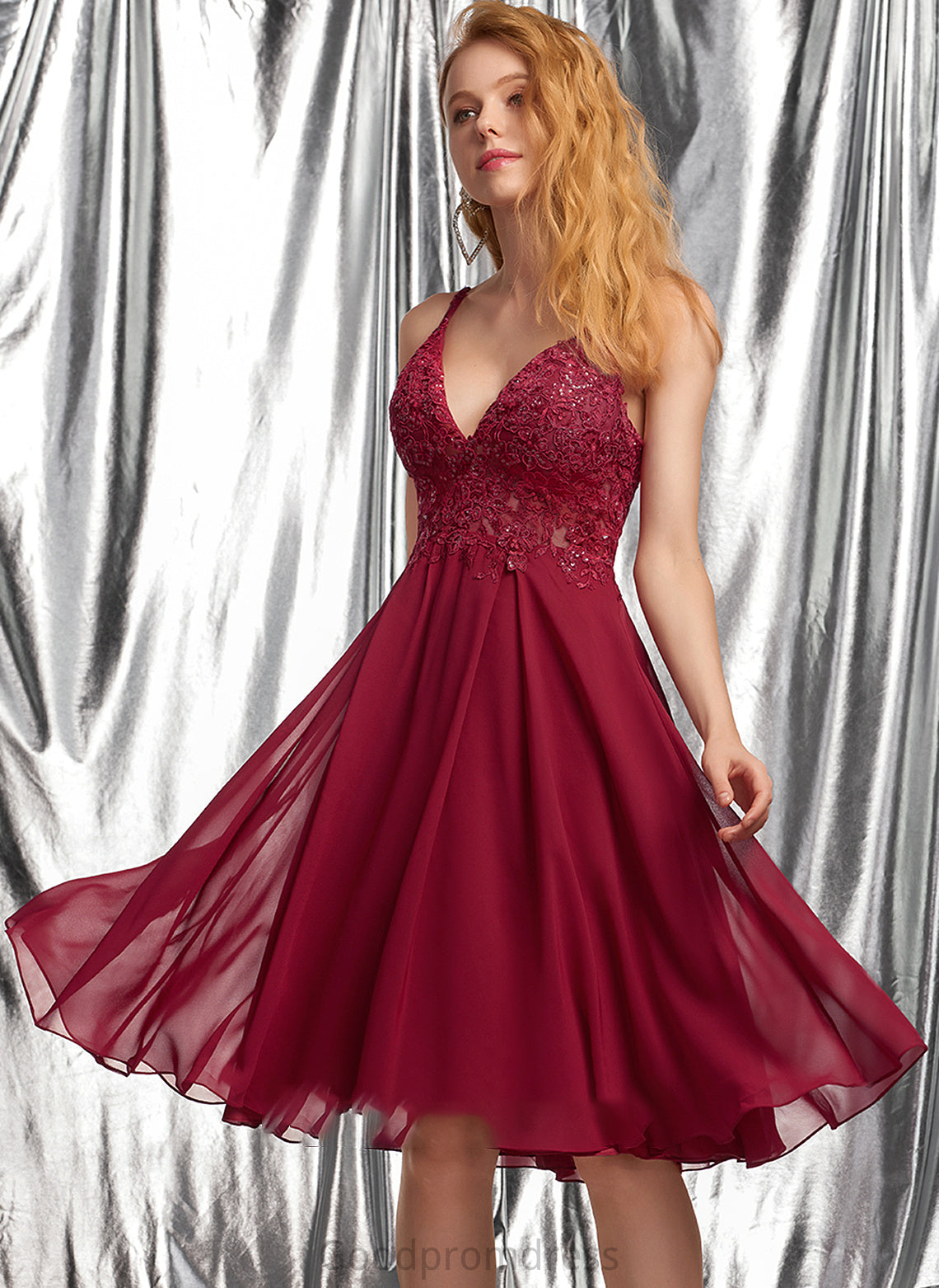 Jewel Sequins With Prom Dresses Chiffon V-neck Knee-Length A-Line