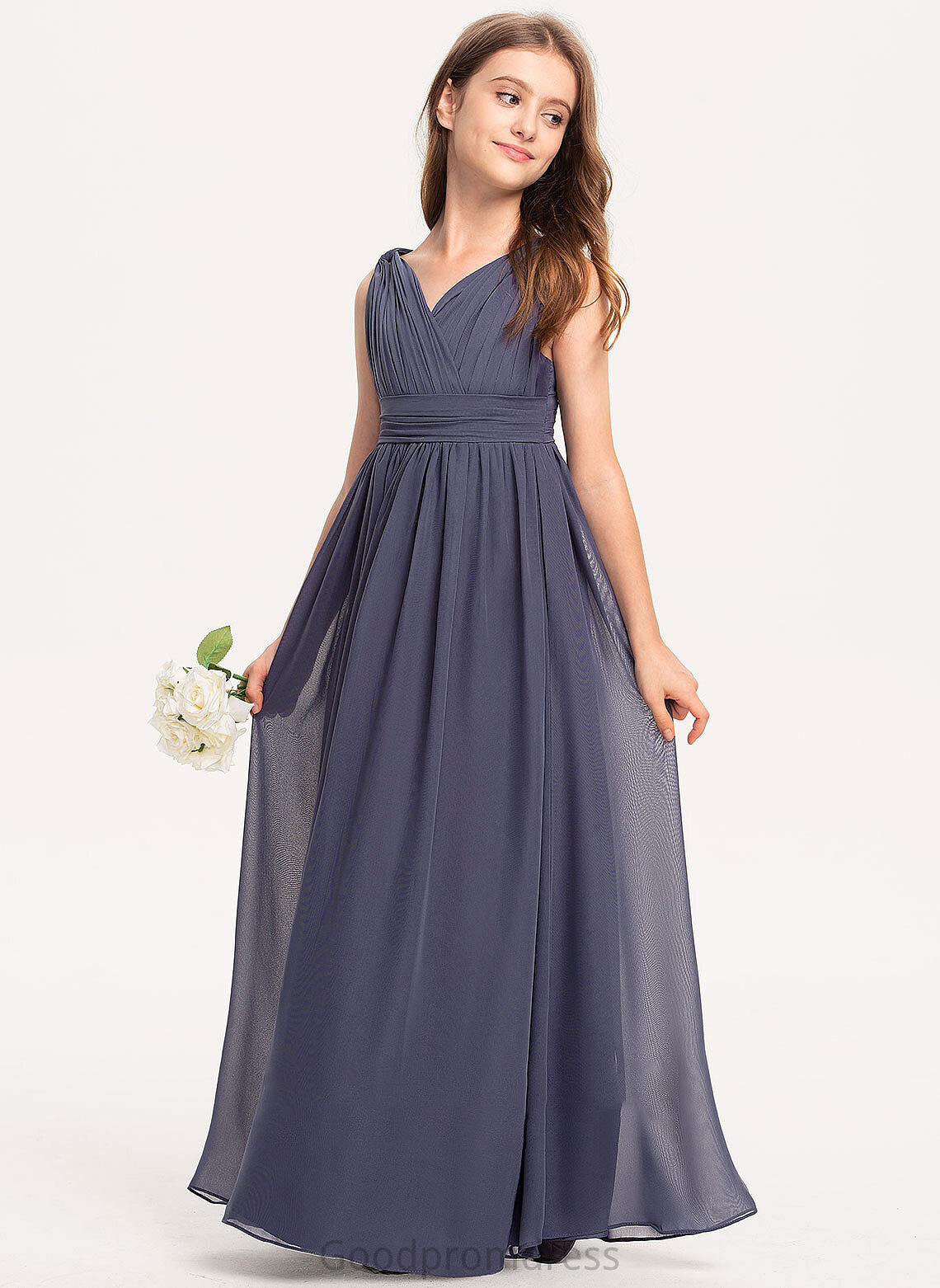 A-Line V-neck Chiffon Junior Bridesmaid Dresses With Amiah Floor-Length Ruffle