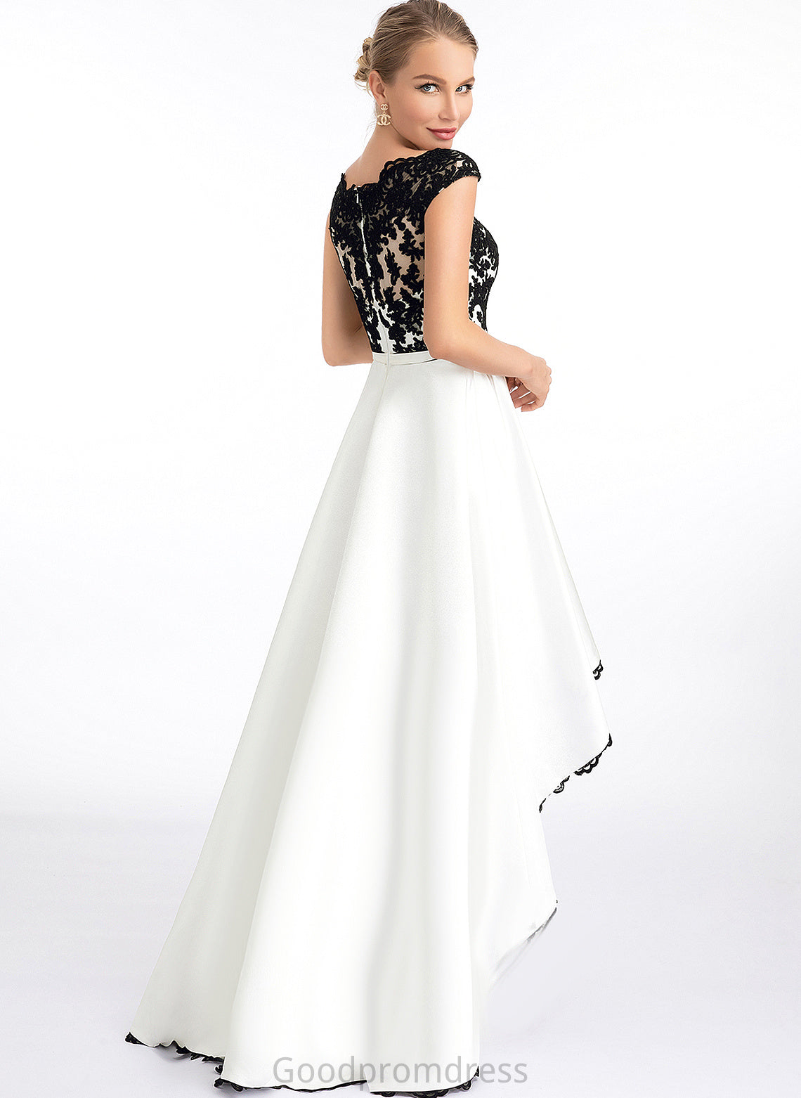 Ball-Gown/Princess Satin Asymmetrical Scoop Lace Aubrey Prom Dresses