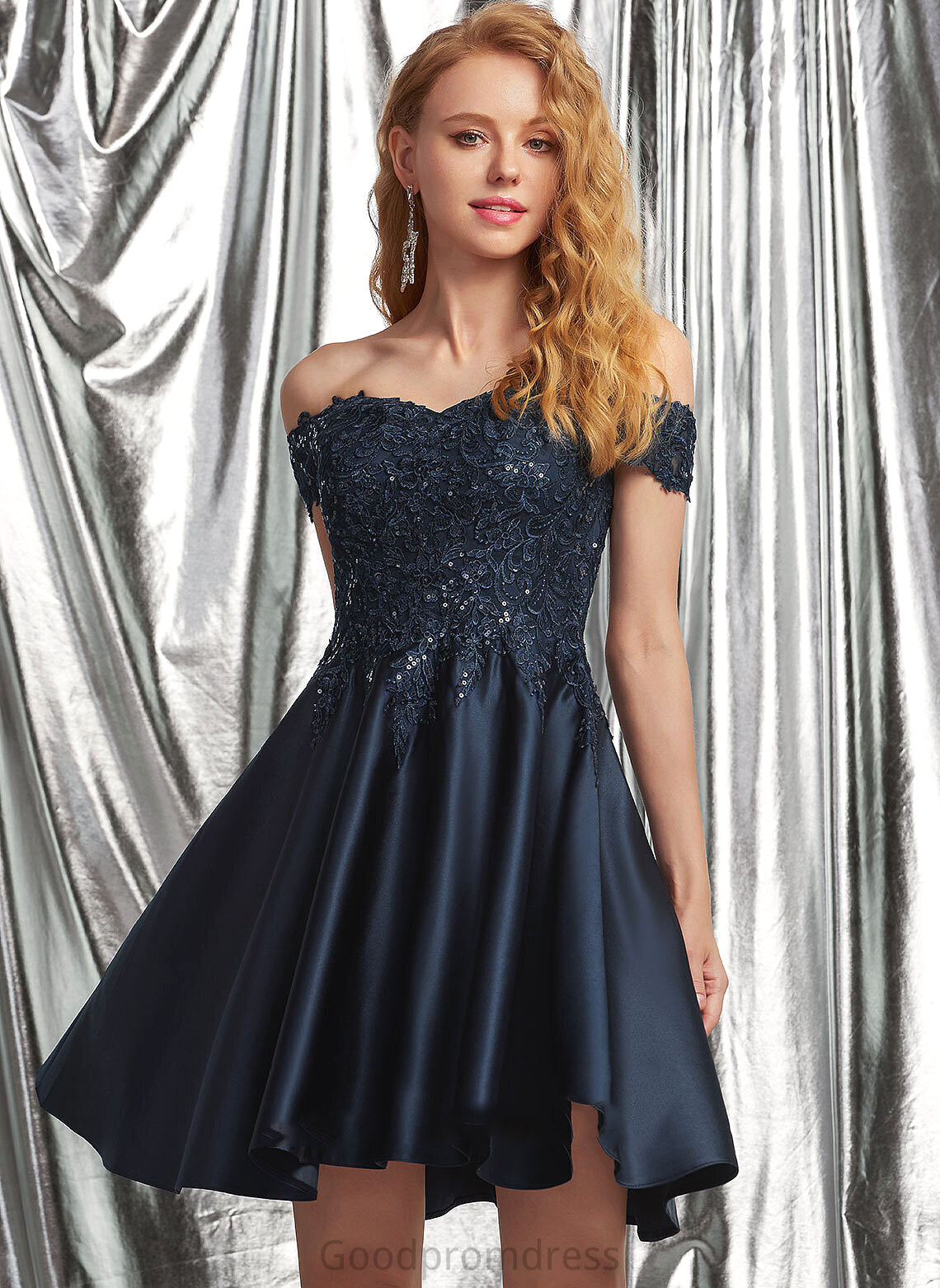 With Homecoming Kate A-Line Satin Lace Homecoming Dresses Off-the-Shoulder Short/Mini Dress