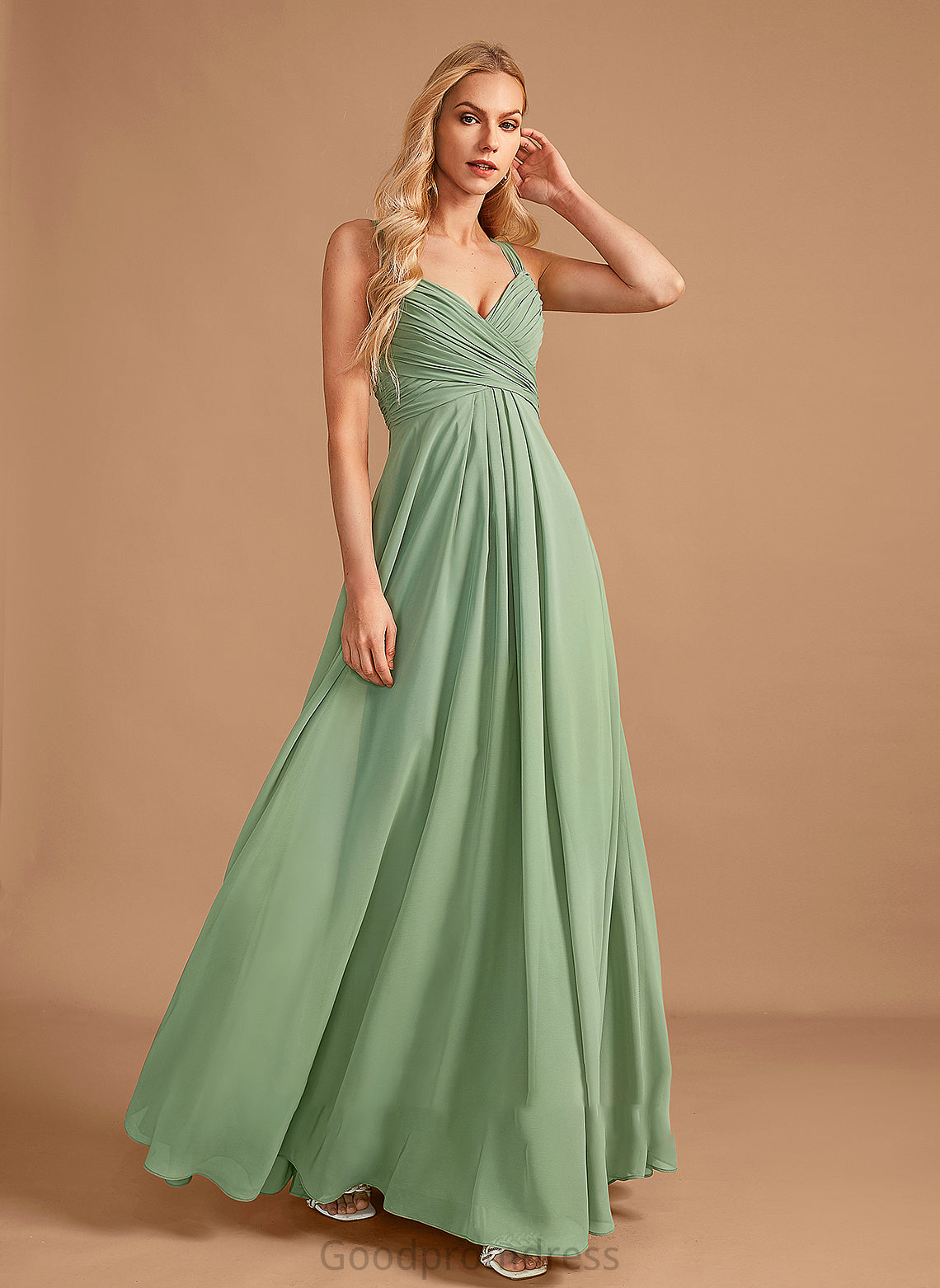 Length Embellishment V-neck A-Line Floor-Length Ruffle Neckline Silhouette Fabric Jillian Bridesmaid Dresses