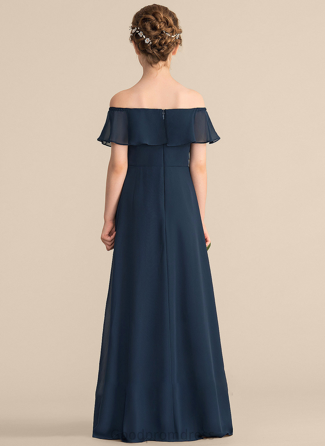 Junior Bridesmaid Dresses With Cascading Jocelynn Chiffon Ruffles A-Line Floor-Length Off-the-Shoulder