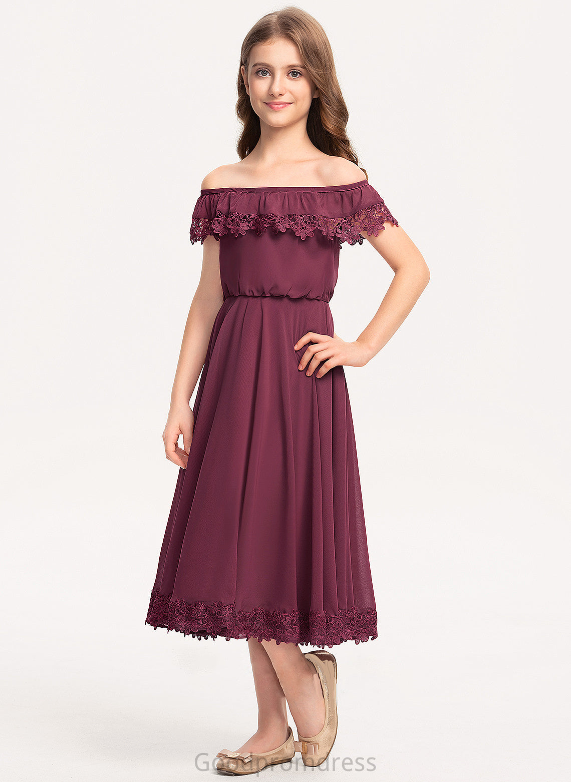 Tea-Length A-Line Junior Bridesmaid Dresses Sanai Lace Chiffon Off-the-Shoulder