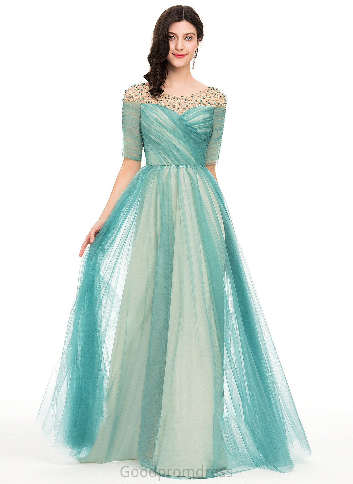 Ball-Gown/Princess Floor-Length Beading Scoop With Neck Tulle Kaitlin Prom Dresses