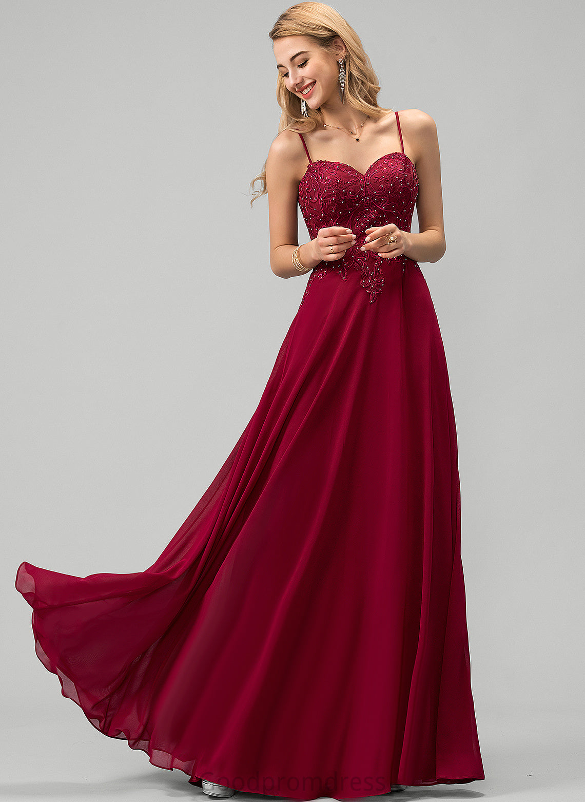 Rhinestone Melany Lace Sweetheart A-Line Chiffon Prom Dresses With Floor-Length