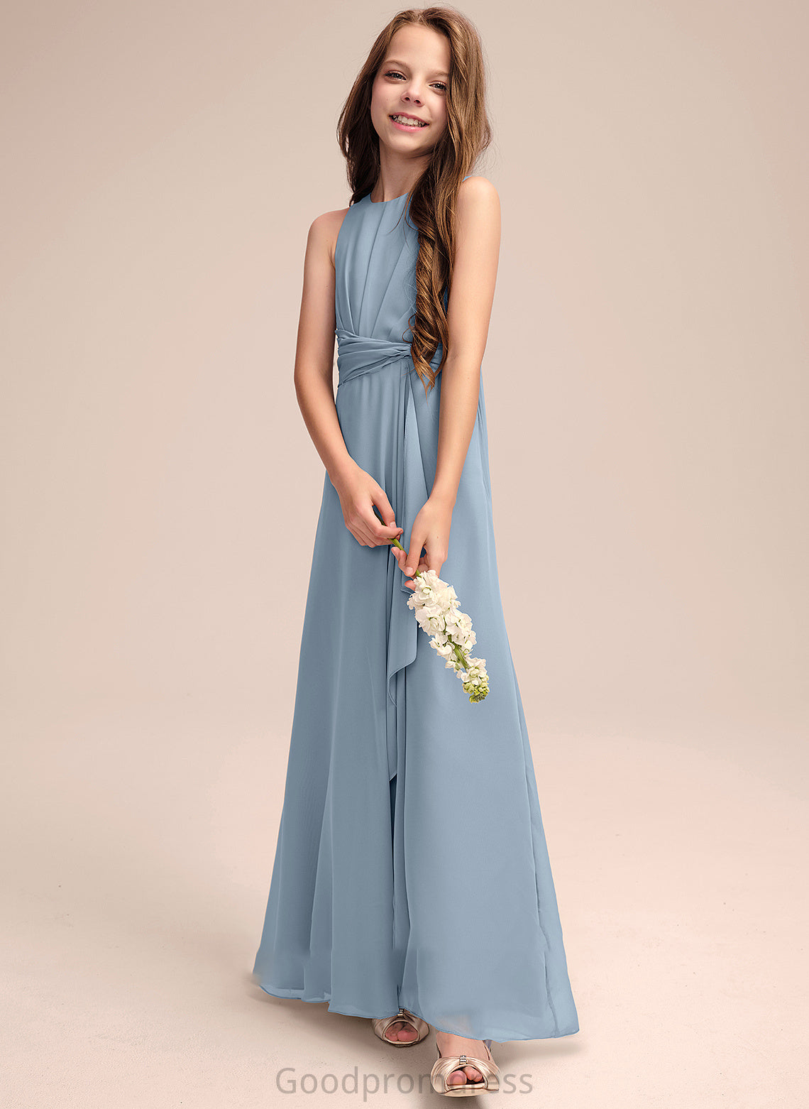 Chiffon Floor-Length Ruffles Cascading Crystal A-Line With Junior Bridesmaid Dresses Scoop Neck