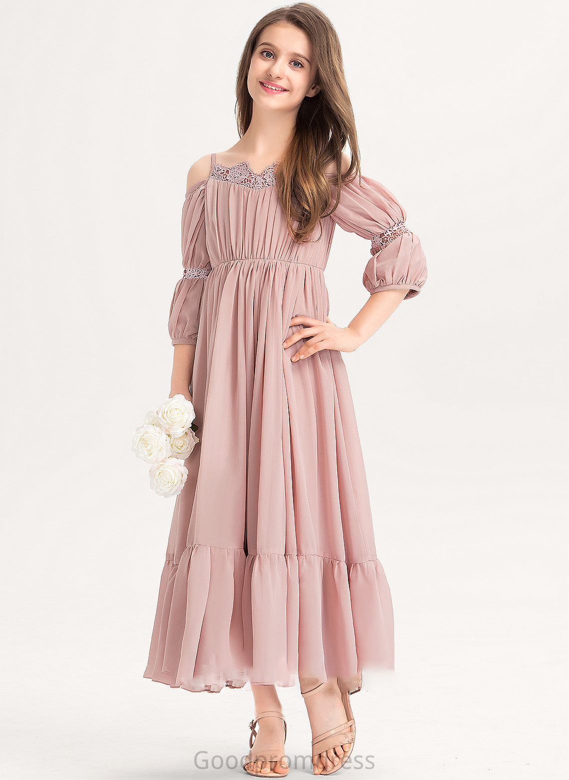 Neckline Lace Ankle-Length Square With Chiffon Ruffle A-Line Junior Bridesmaid Dresses Nina