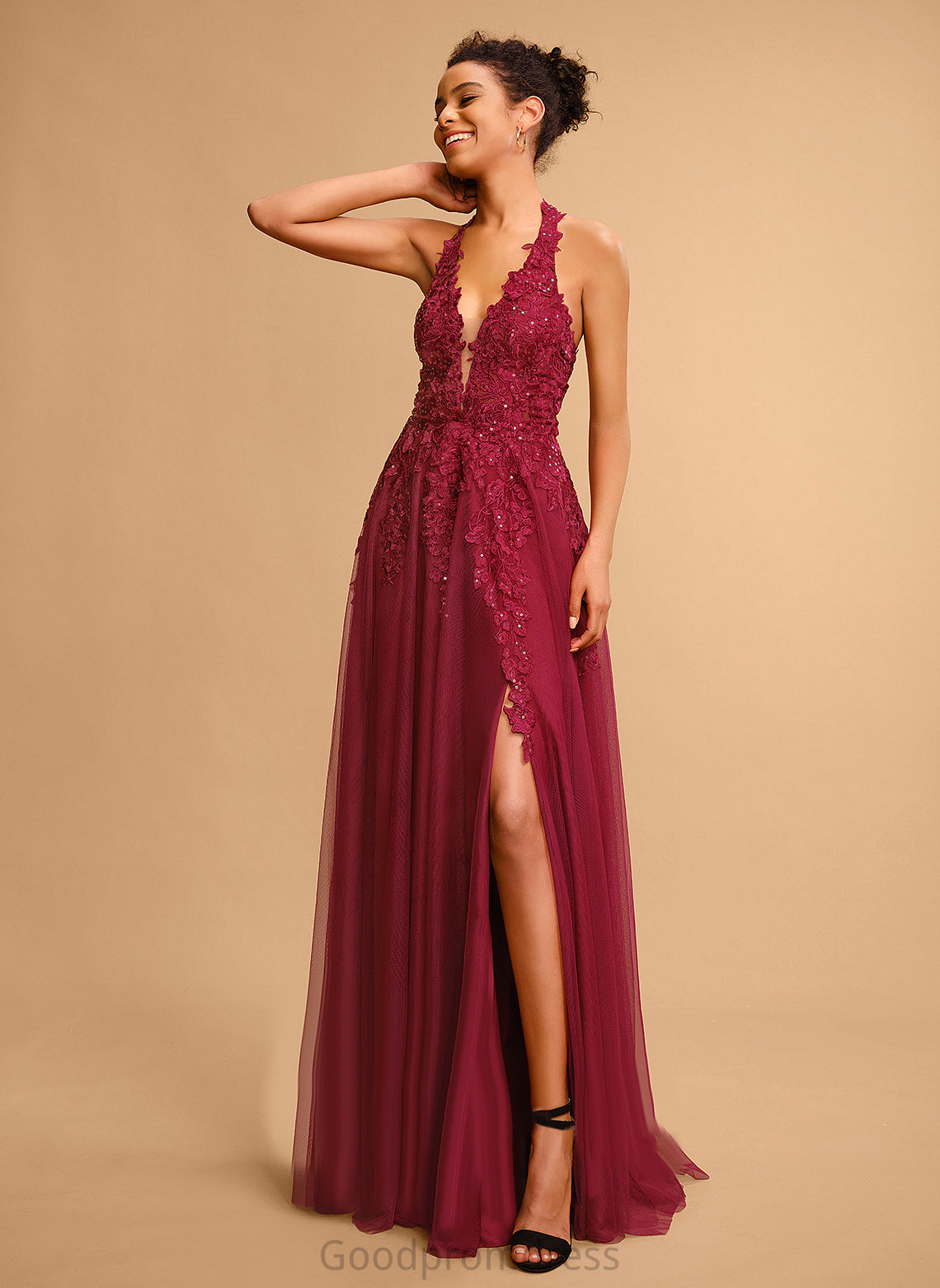 Sequins Floor-Length Ball-Gown/Princess With Lace Mavis Prom Dresses Tulle Halter