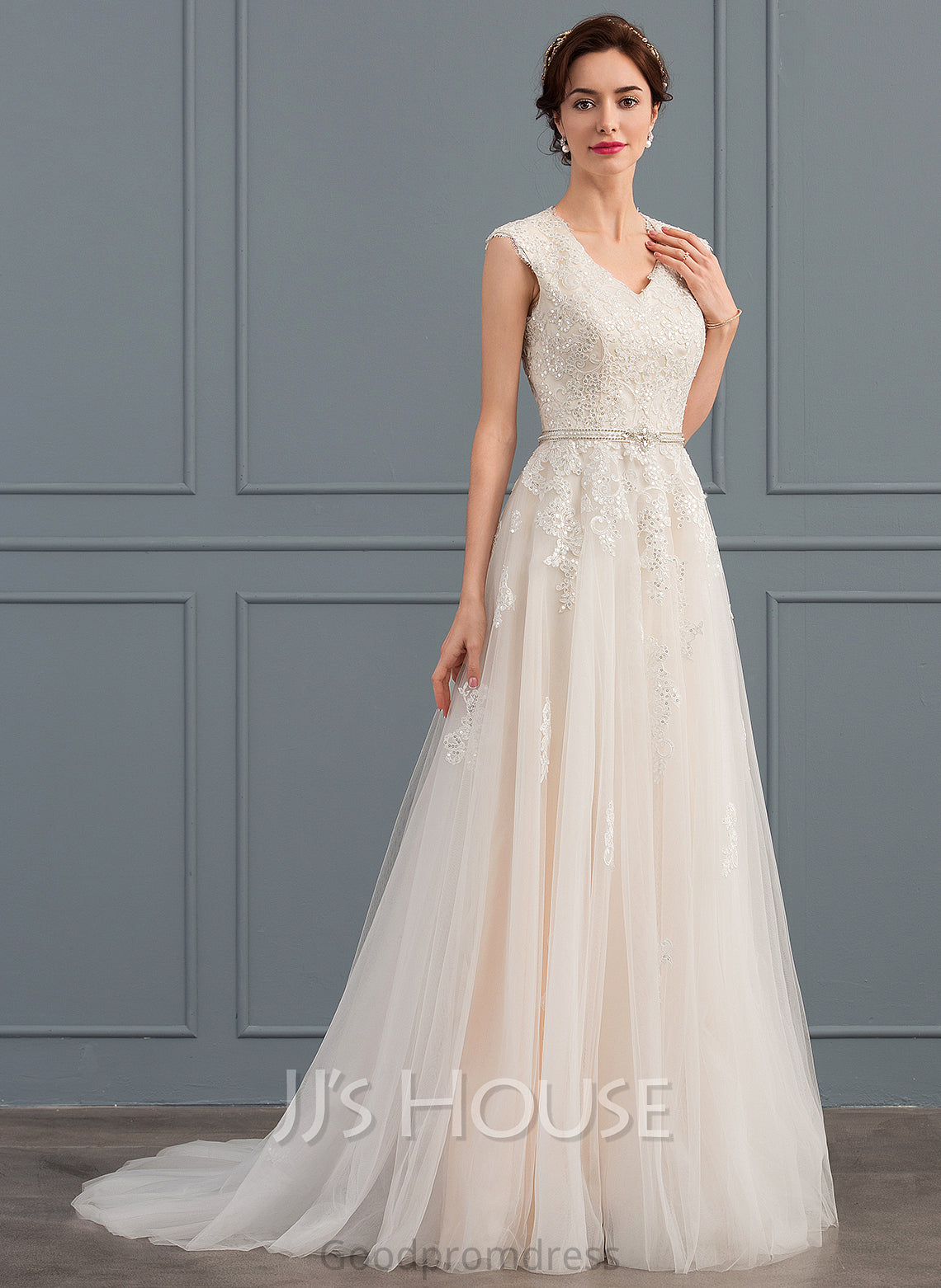 Wedding Sweep Wedding Dresses Kaylie Bow(s) Beading A-Line Tulle V-neck Sequins Dress Train With