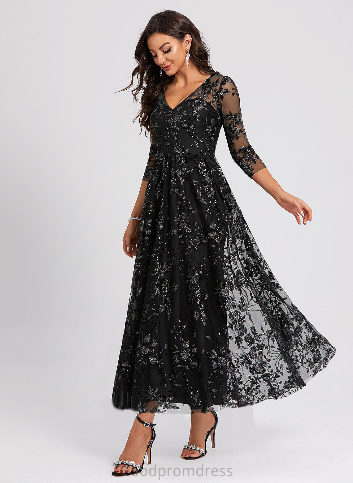 Lace Cocktail A-Line Sequined Ankle-Length Undine V-neck Cocktail Dresses Dress