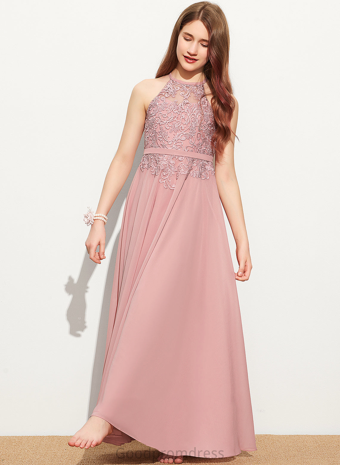 Lace Junior Bridesmaid Dresses Floor-Length A-Line Scoop Neck Chiffon Stacy