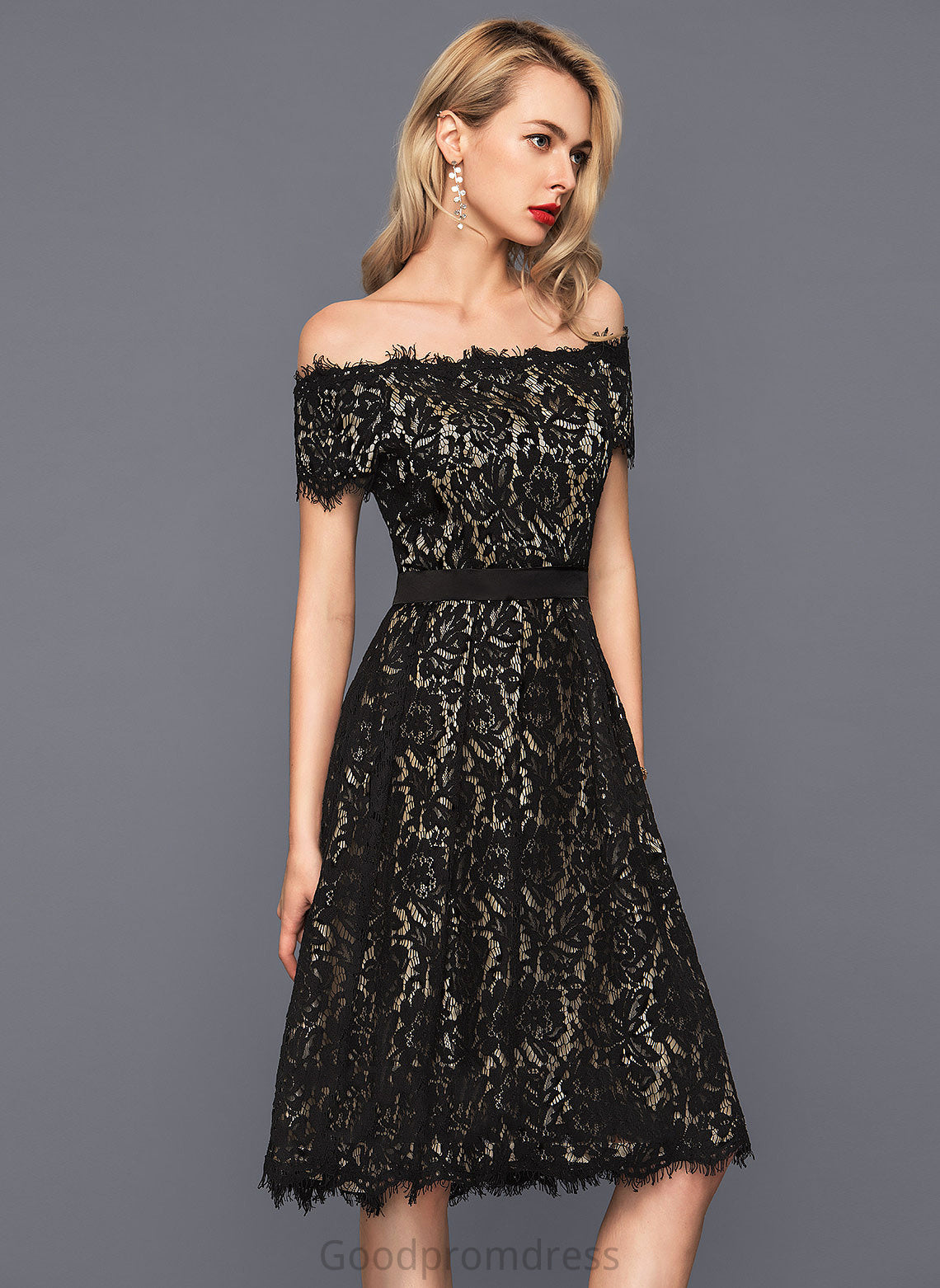 Cocktail Dresses Ryleigh Dress Lace Cocktail Off-the-Shoulder Charmeuse Knee-Length A-Line