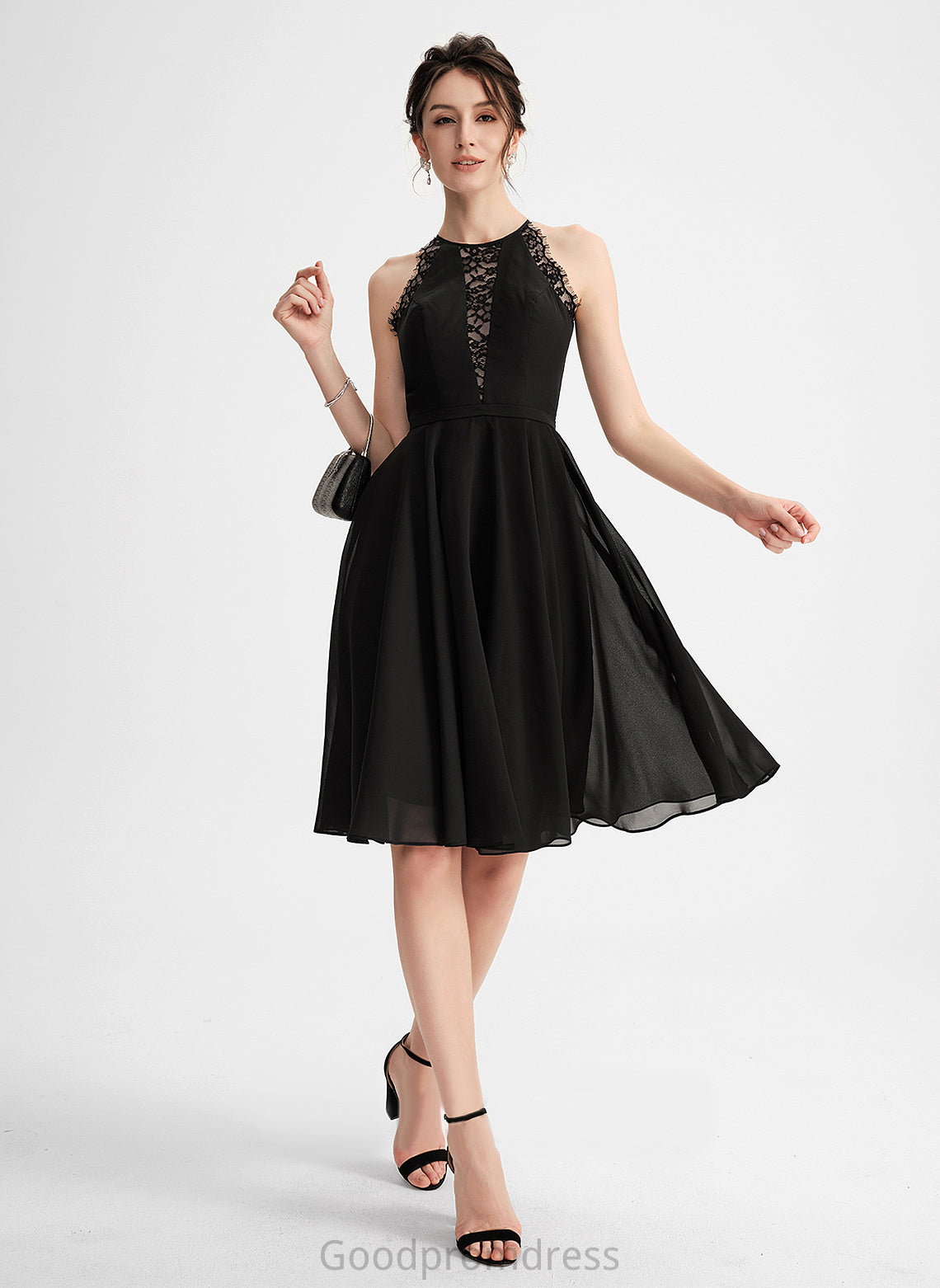 Knee-Length Cocktail Dresses Neck Scoop Chiffon Lace Dress Cocktail Polly With A-Line