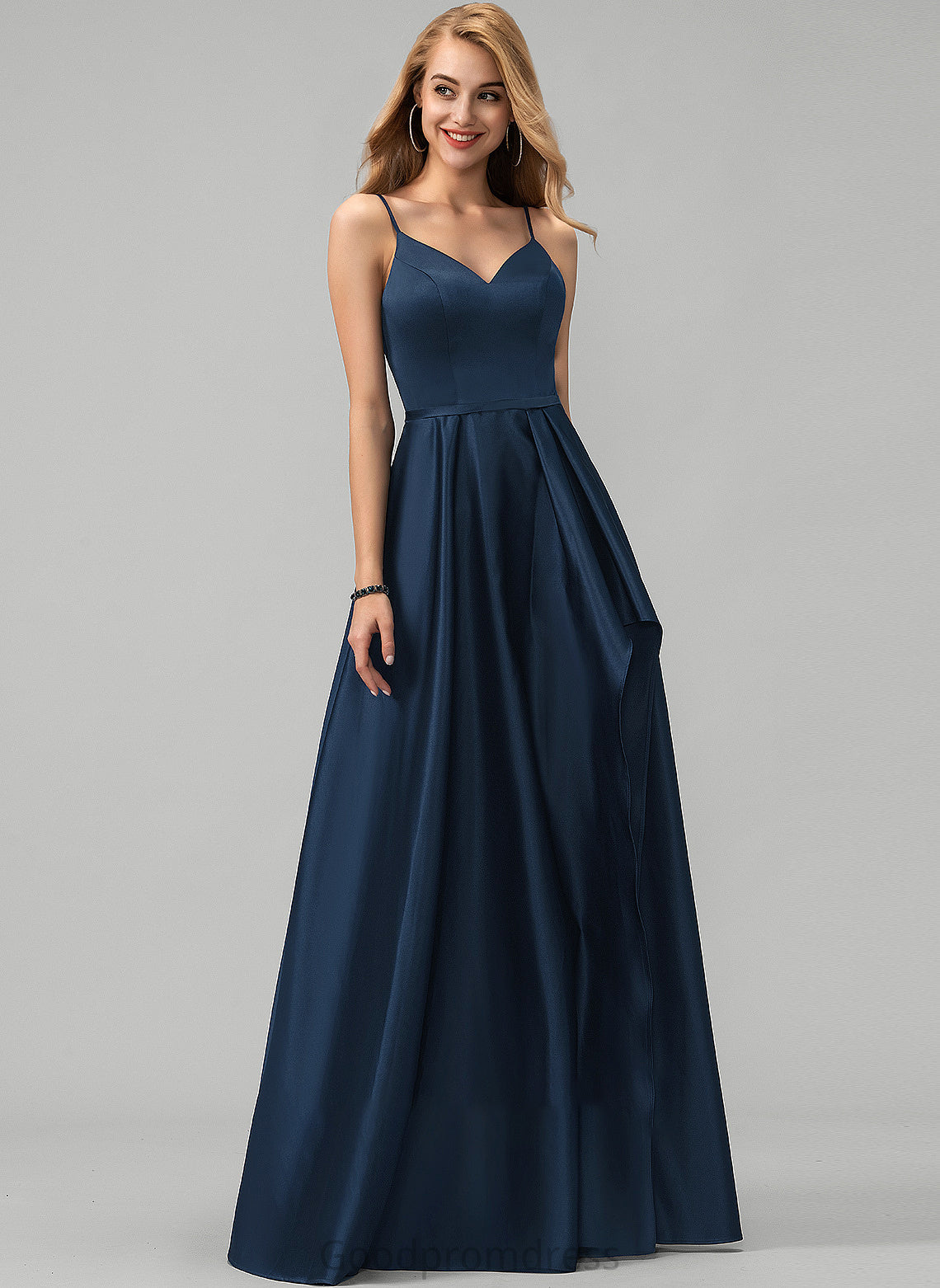 Split Liz Floor-Length A-Line Satin V-neck Front Ruffles Cascading Prom Dresses With