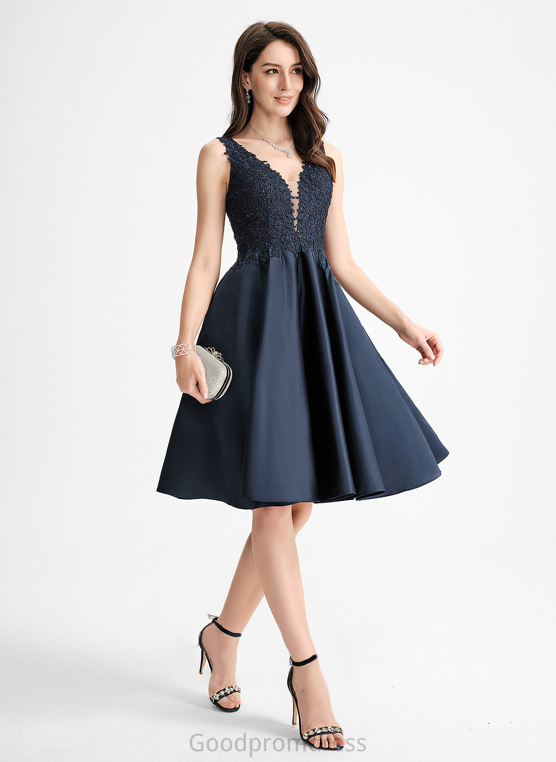 V-neck A-Line Lace Homecoming Beading Knee-Length With Satin Homecoming Dresses Alejandra Dress