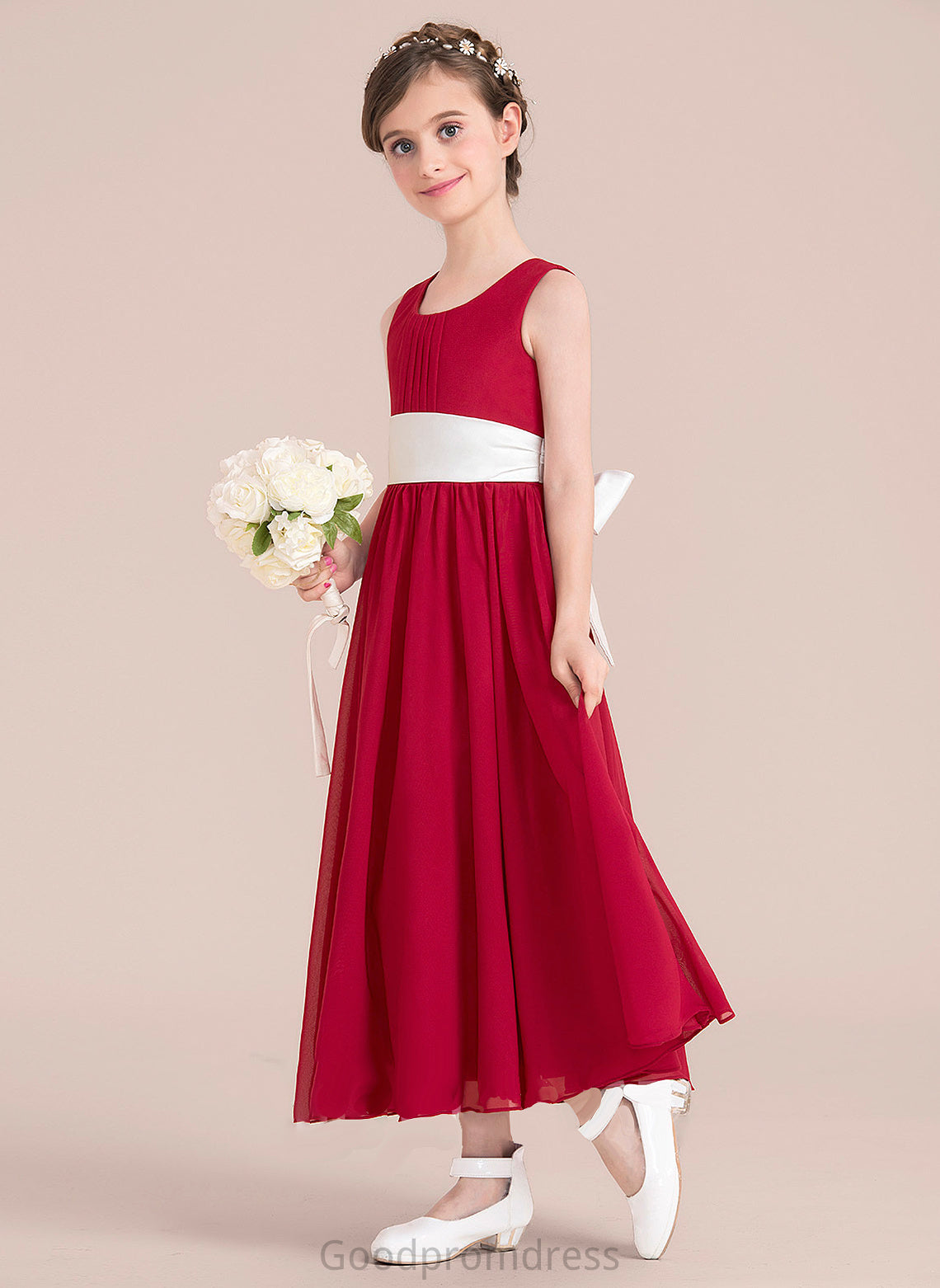 Junior Bridesmaid Dresses Sash Ankle-Length A-Line Scoop With Neck Empire Chiffon Keyla Bow(s)