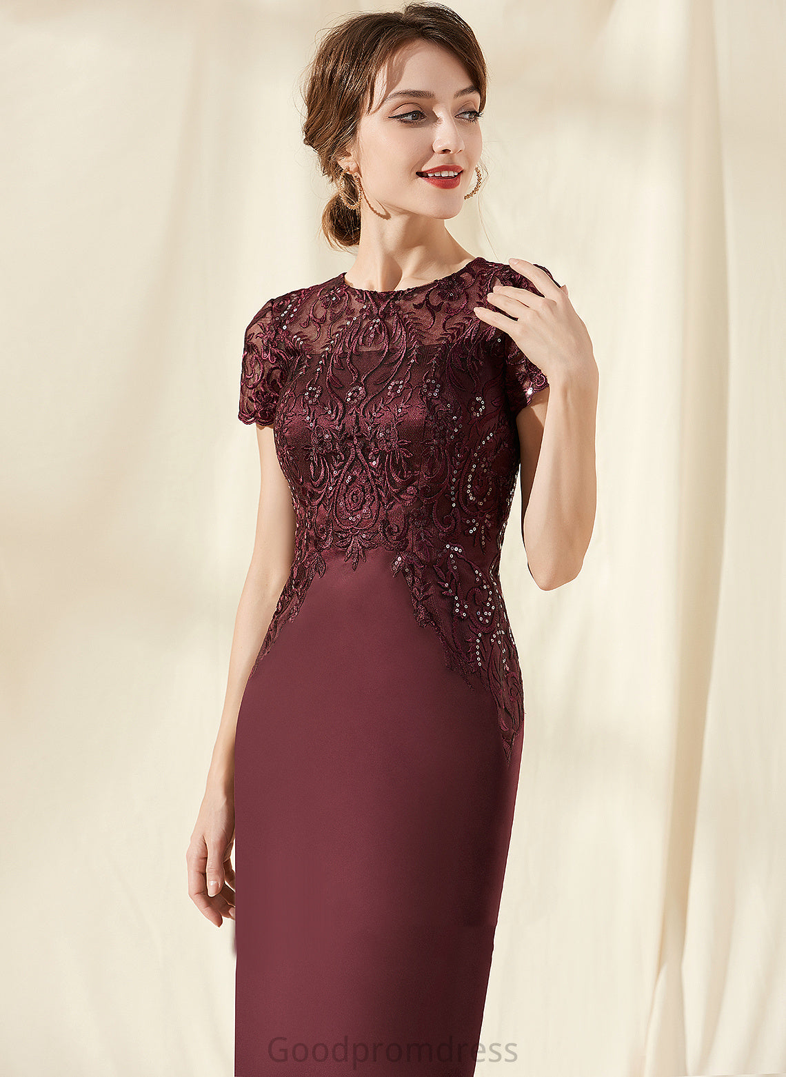 Cocktail Dresses With Neck Sequins Sheath/Column Kaliyah Scoop Dress Lace Satin Cocktail Knee-Length