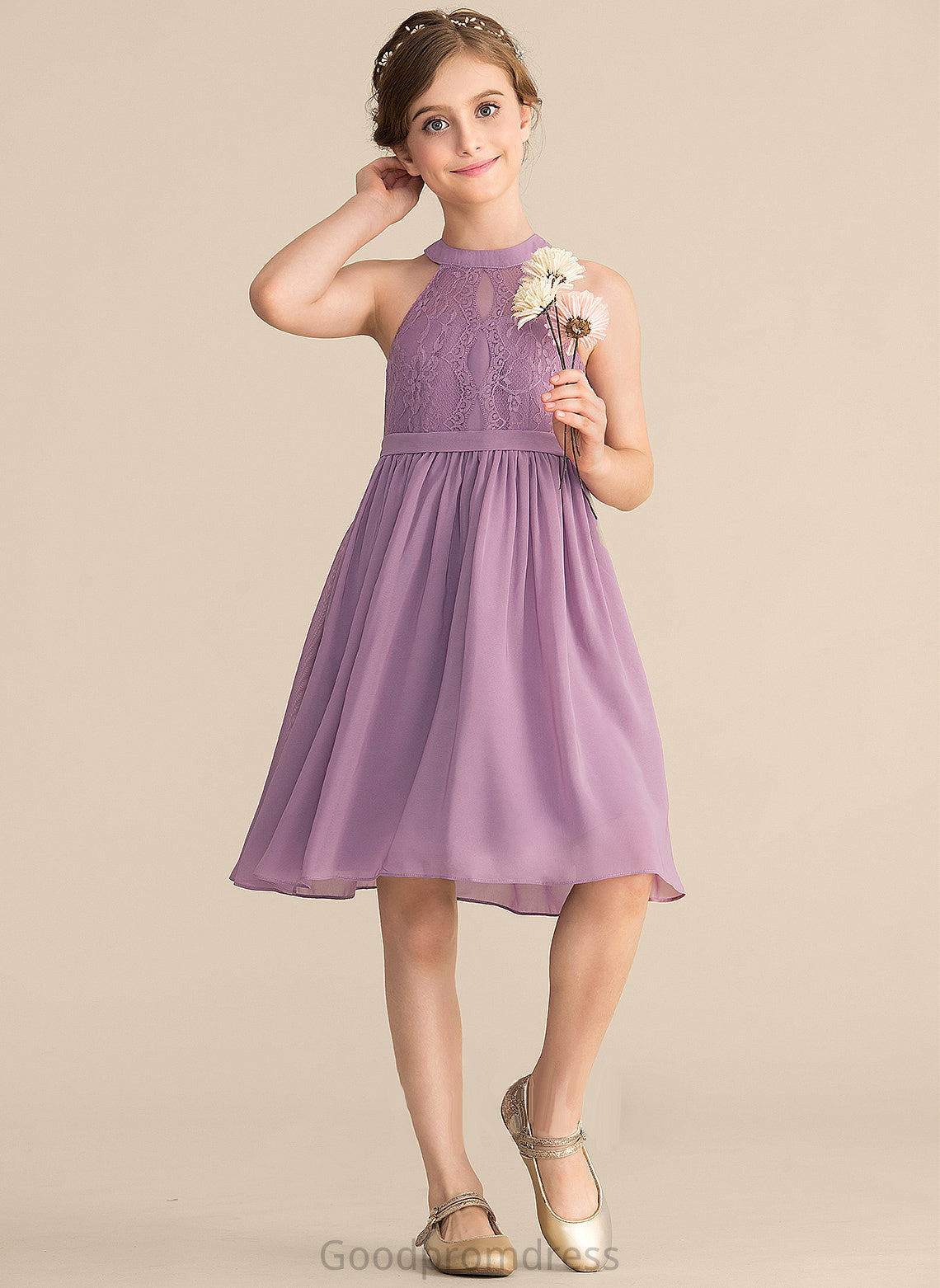 A-Line Neck Junior Bridesmaid Dresses Alondra Scoop Lace Knee-Length Chiffon