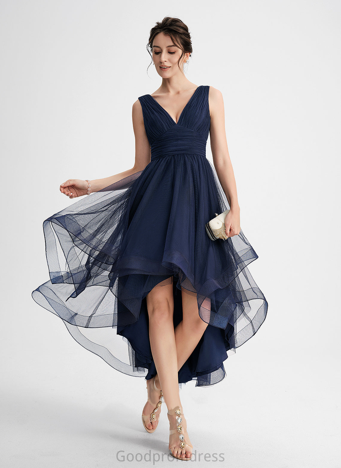 Ruffles Asymmetrical With Gemma A-Line Cocktail Cascading Pleated Tulle Dress Cocktail Dresses V-neck